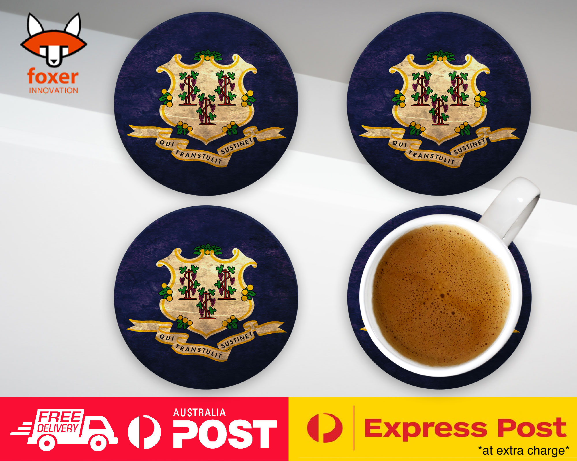 COASTER COFFEE DRINKING MAT|CONNECTICUT US AMERICAN FLAG