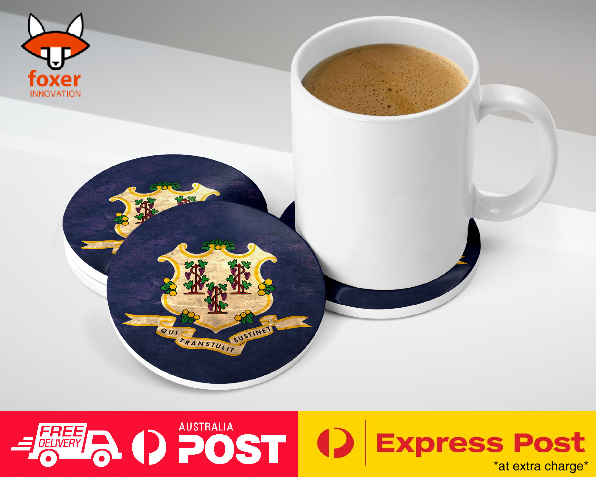 COASTER COFFEE DRINKING MAT|CONNECTICUT US AMERICAN FLAG