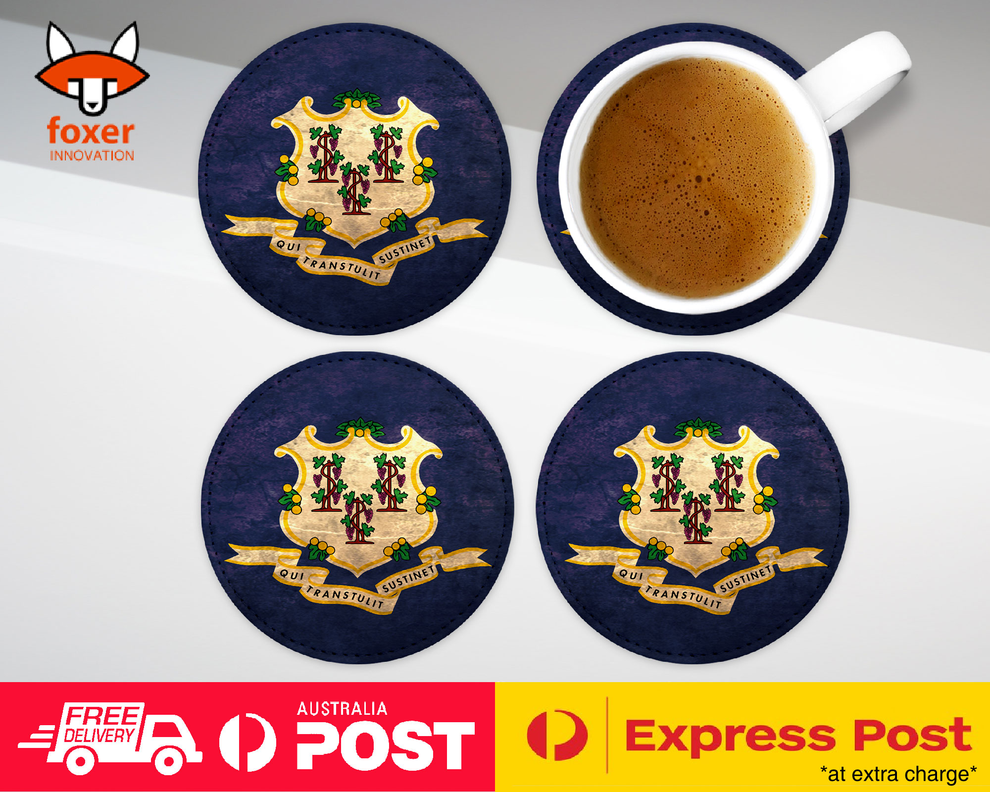 COASTER COFFEE DRINKING MAT|CONNECTICUT US AMERICAN FLAG