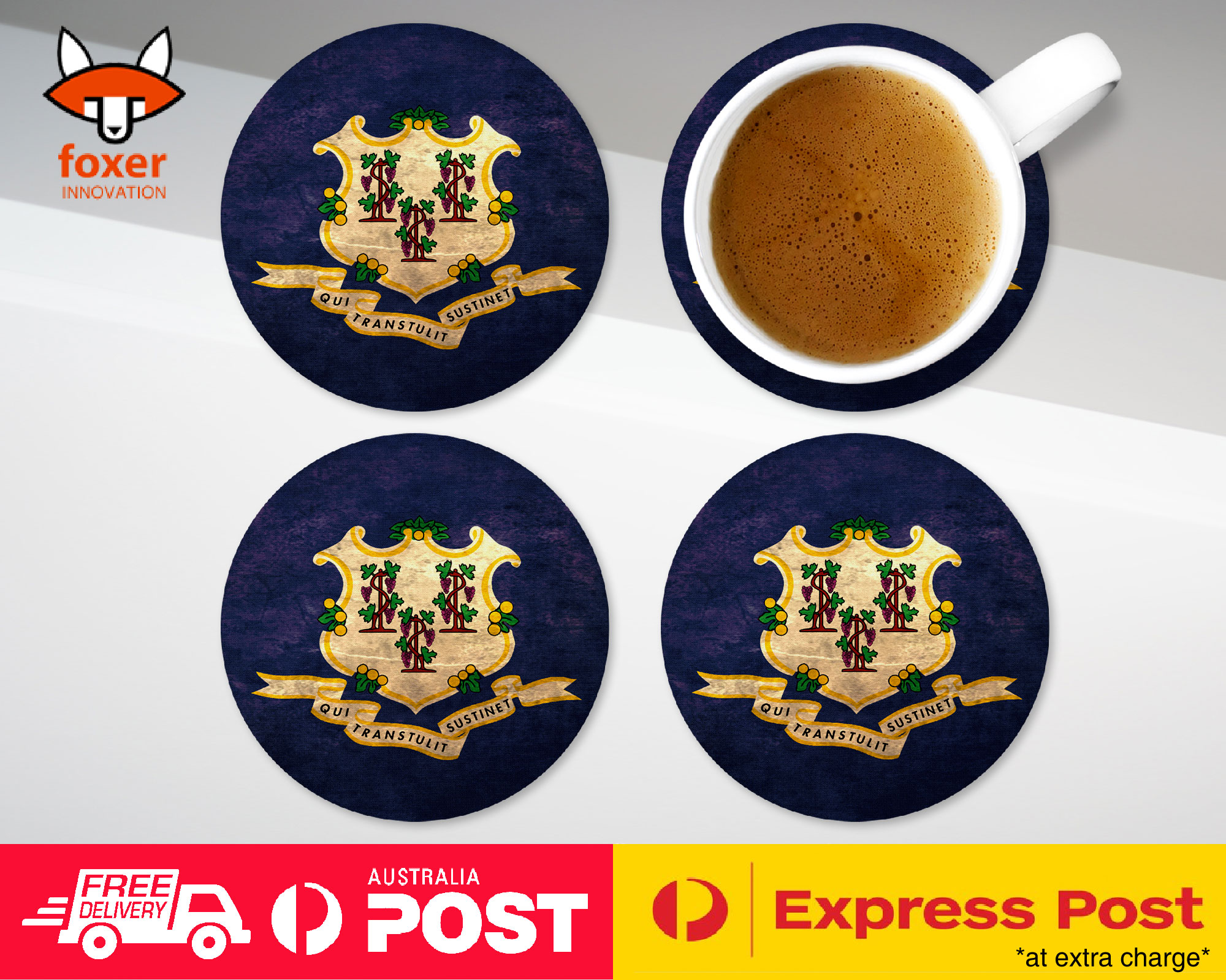 COASTER COFFEE DRINKING MAT|CONNECTICUT US AMERICAN FLAG