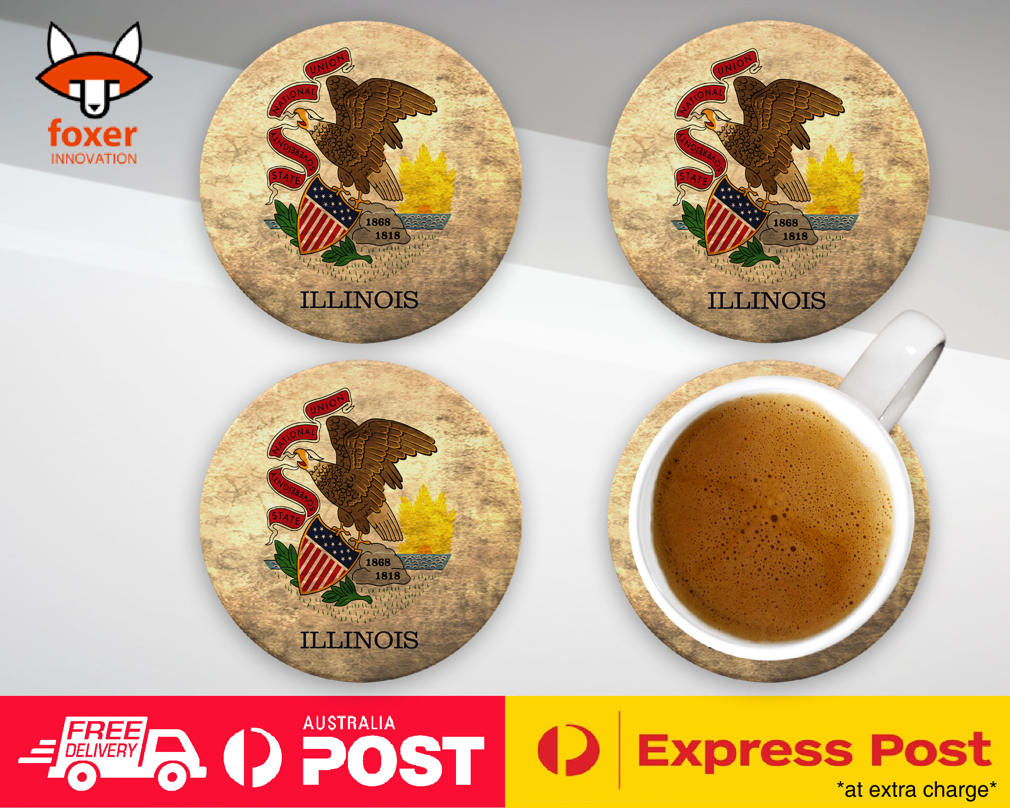COASTER COFFEE DRINKING MAT|ILLINOIS US AMERICAN STATE FLAG