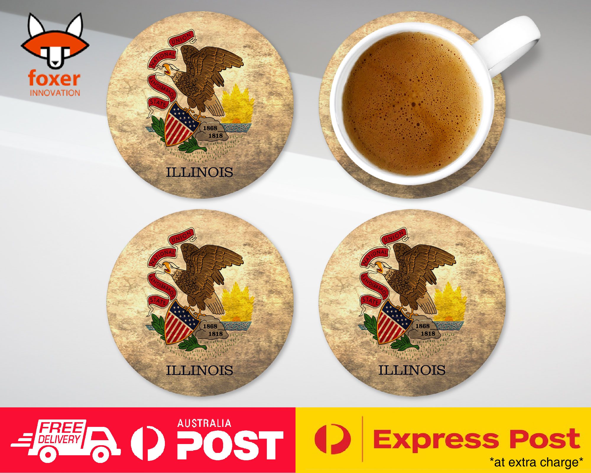 COASTER COFFEE DRINKING MAT|ILLINOIS US AMERICAN STATE FLAG