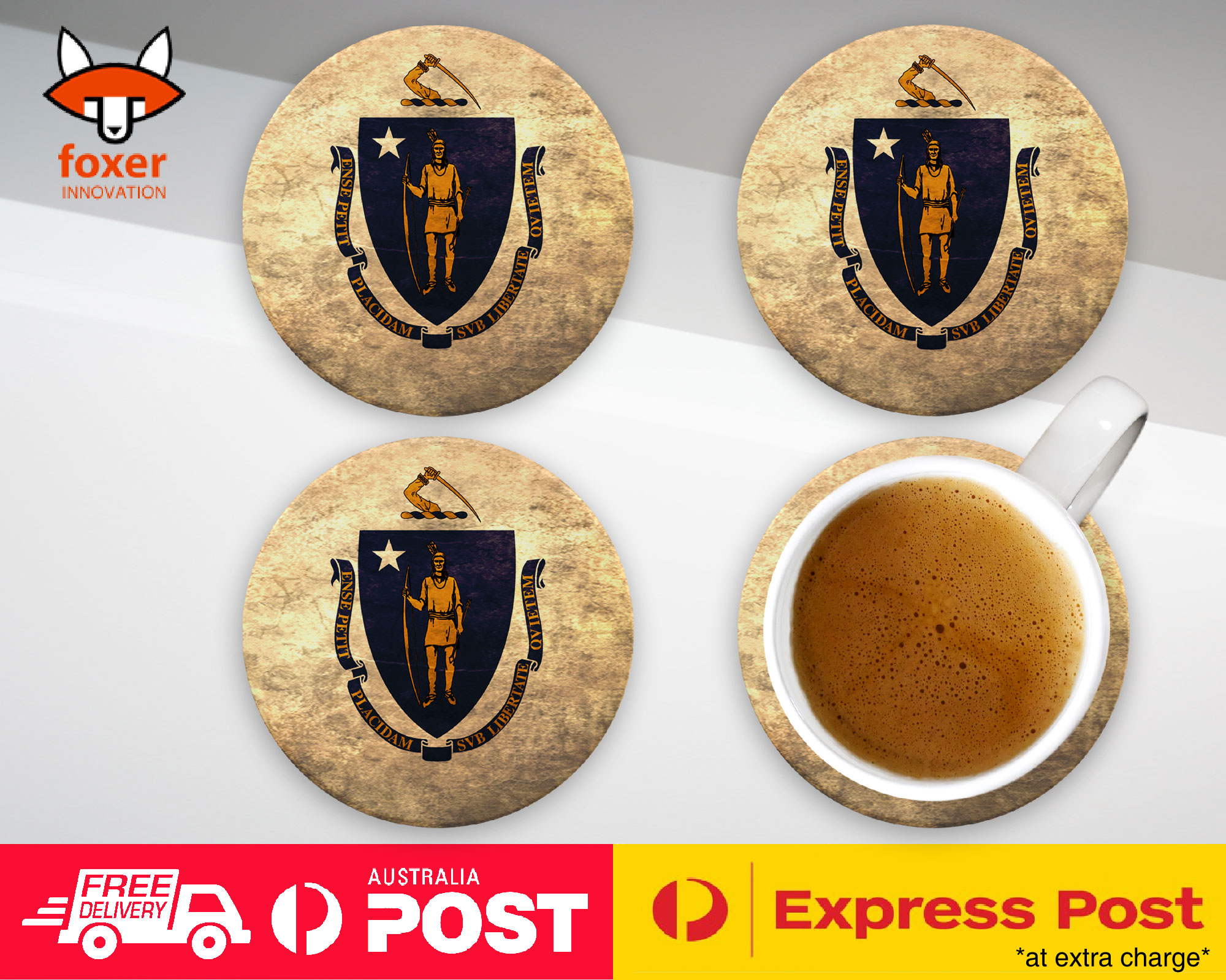 COASTER COFFEE DRINKING MAT|MASSACHUSETTS US FLAG