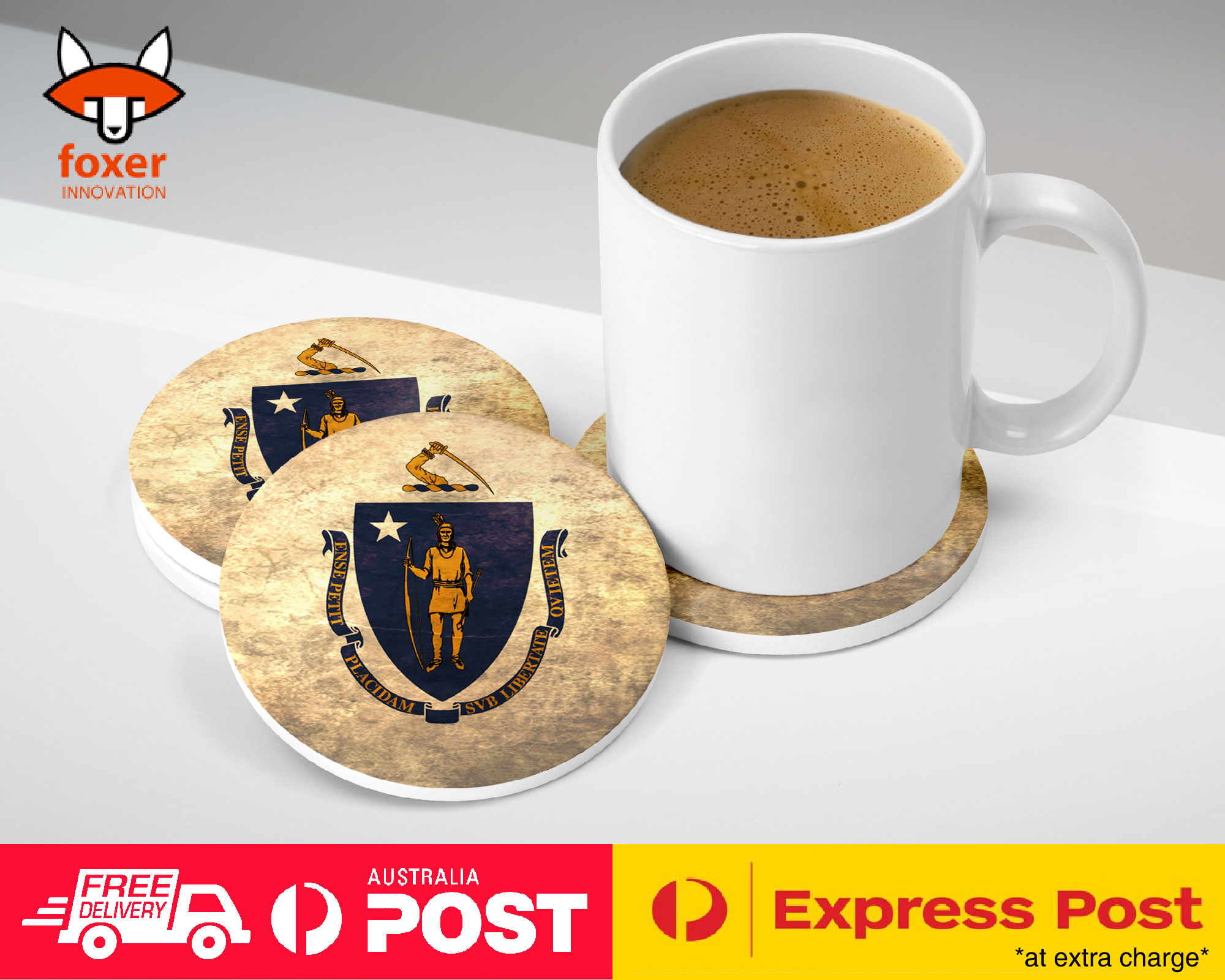 COASTER COFFEE DRINKING MAT|MASSACHUSETTS US FLAG
