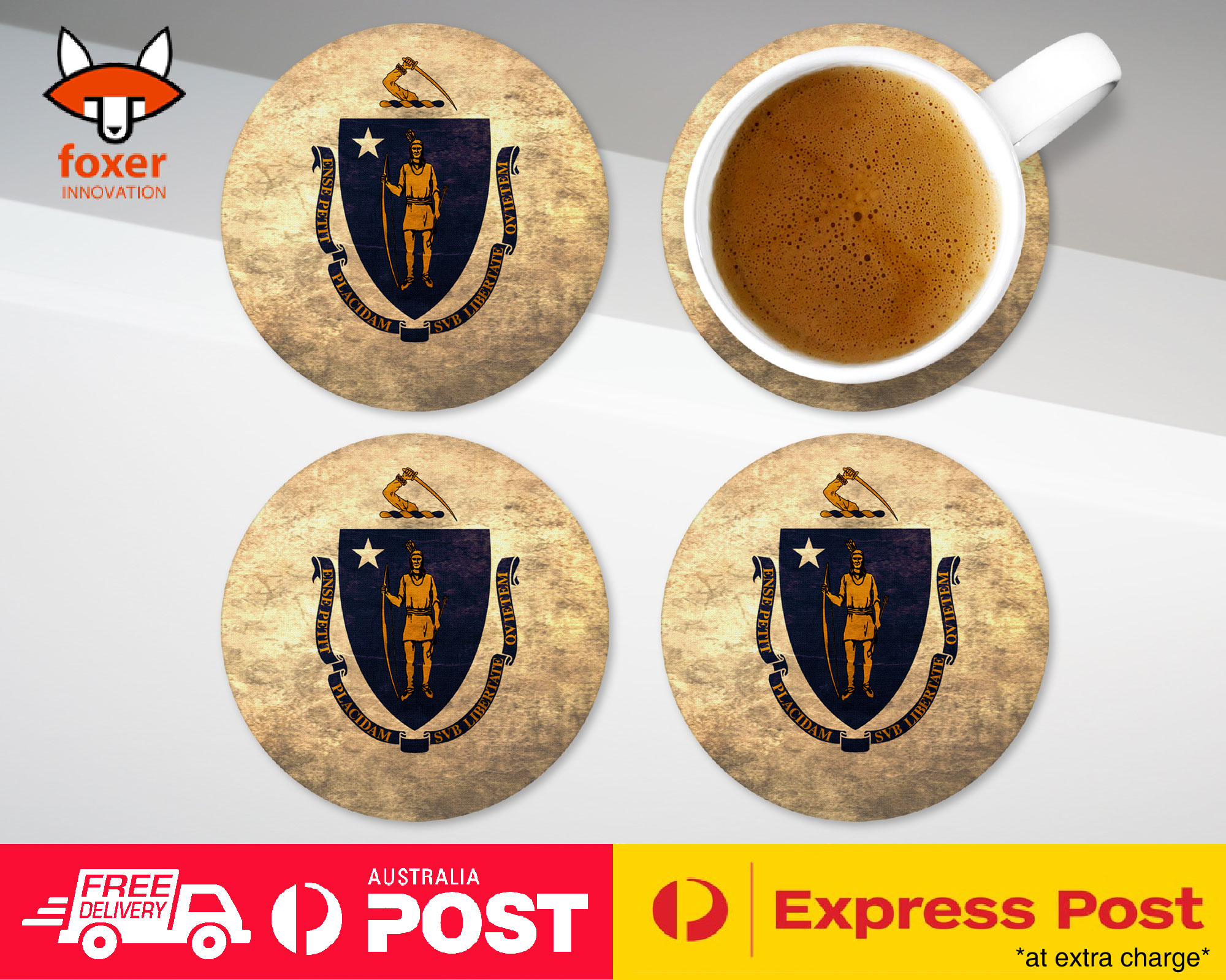 COASTER COFFEE DRINKING MAT|MASSACHUSETTS US FLAG