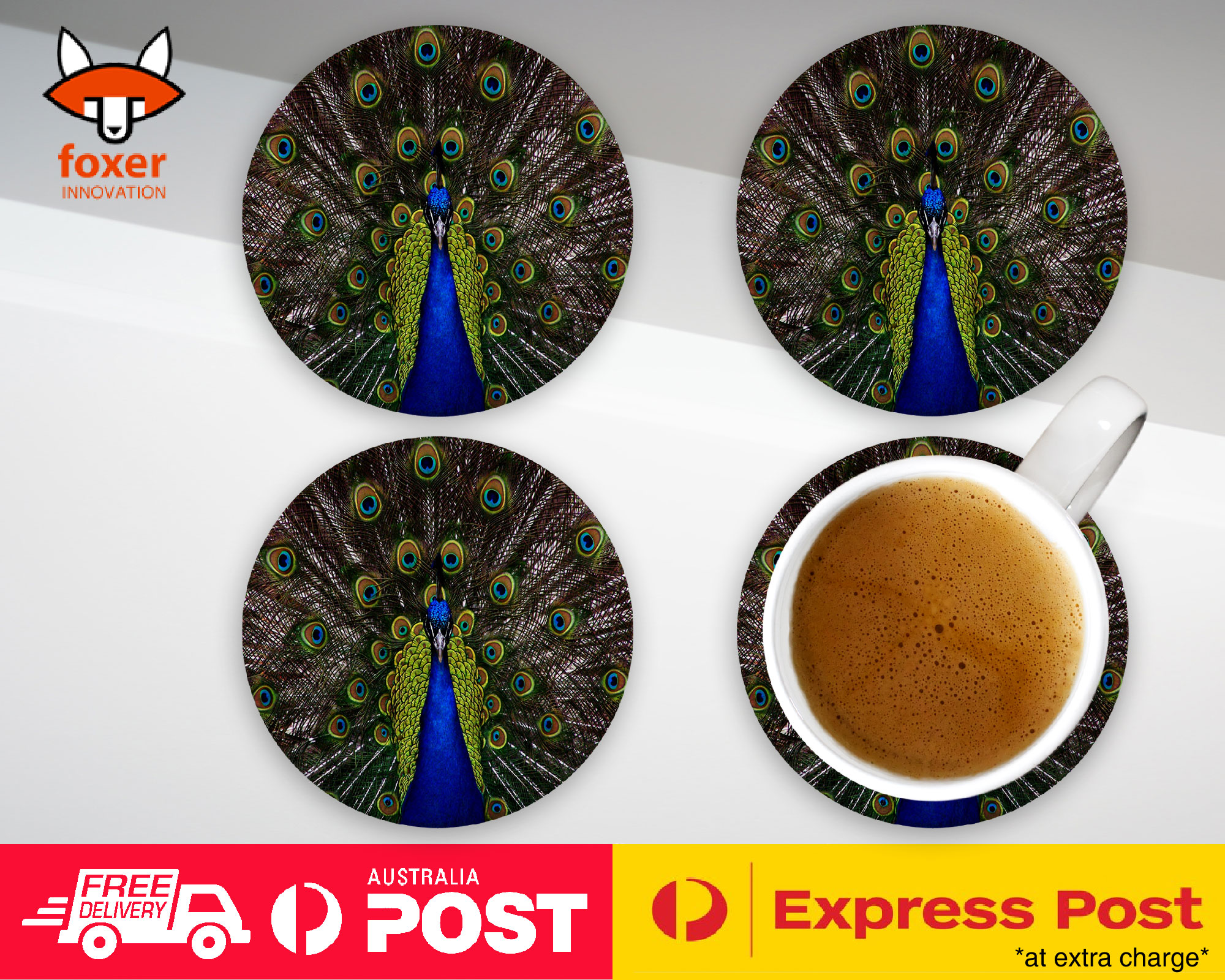 COASTER COFFEE DRINKING MAT|FUN CLASSIC CUTE BLUE PEACOCK #1