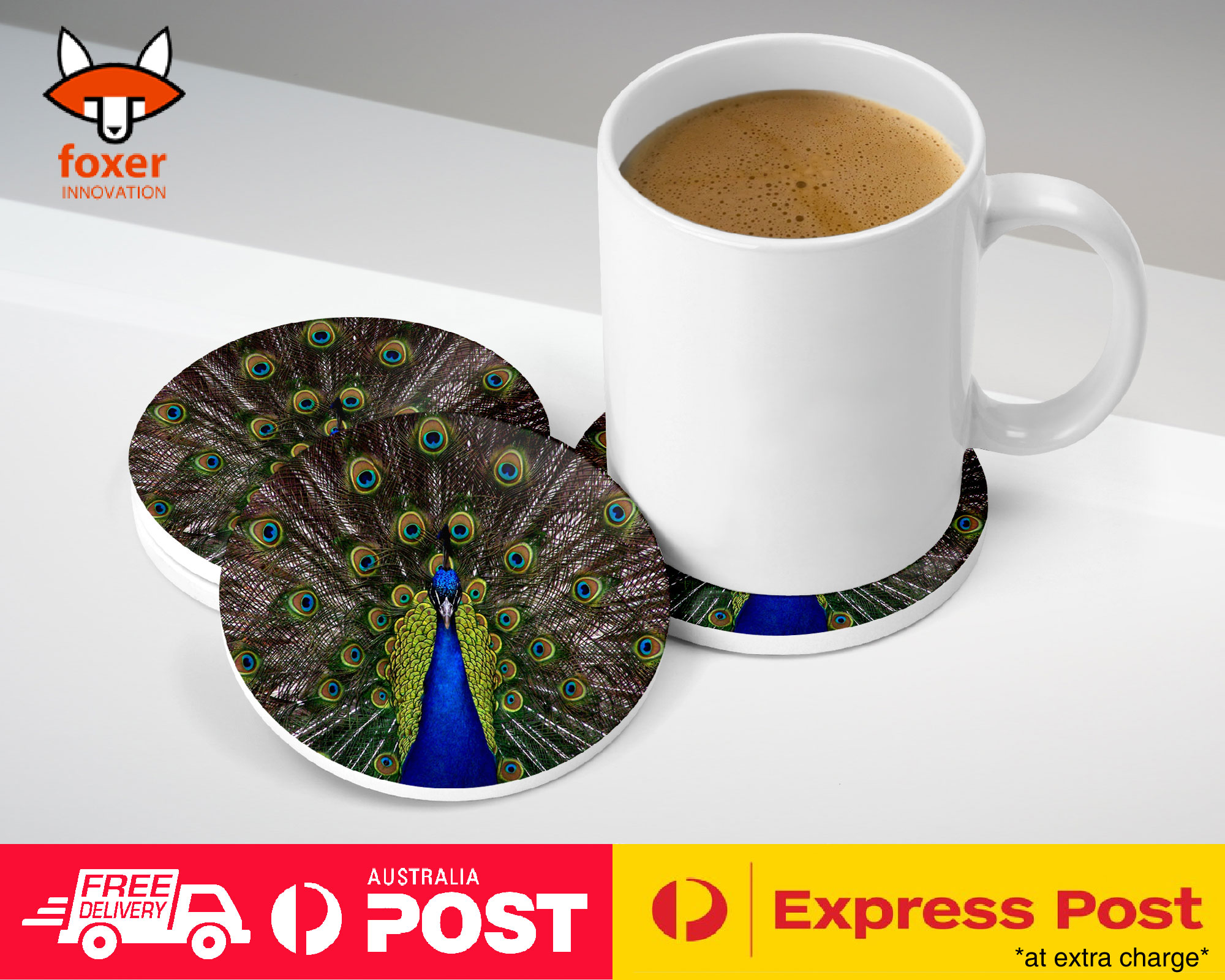 COASTER COFFEE DRINKING MAT|FUN CLASSIC CUTE BLUE PEACOCK #1
