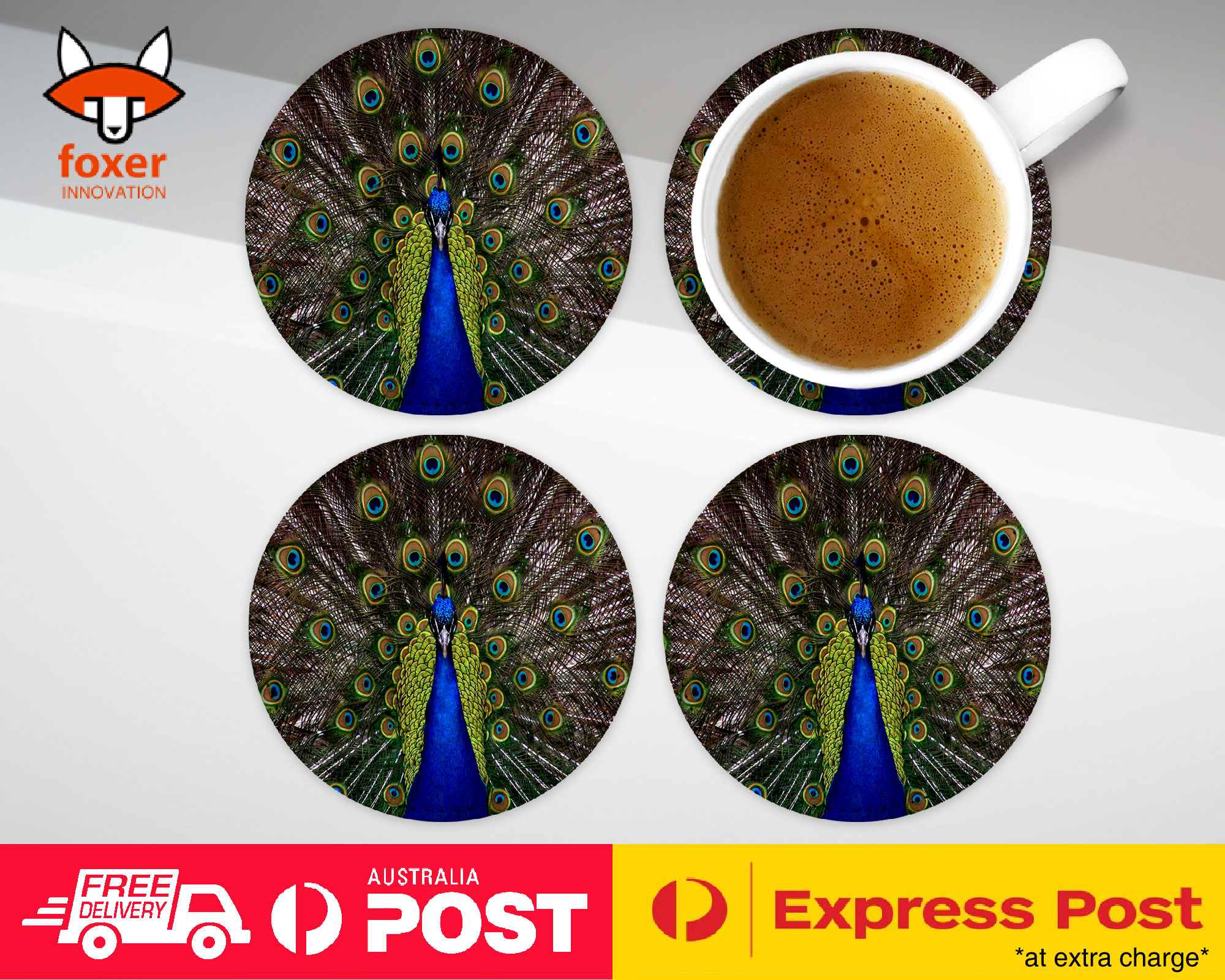 COASTER COFFEE DRINKING MAT|FUN CLASSIC CUTE BLUE PEACOCK #1