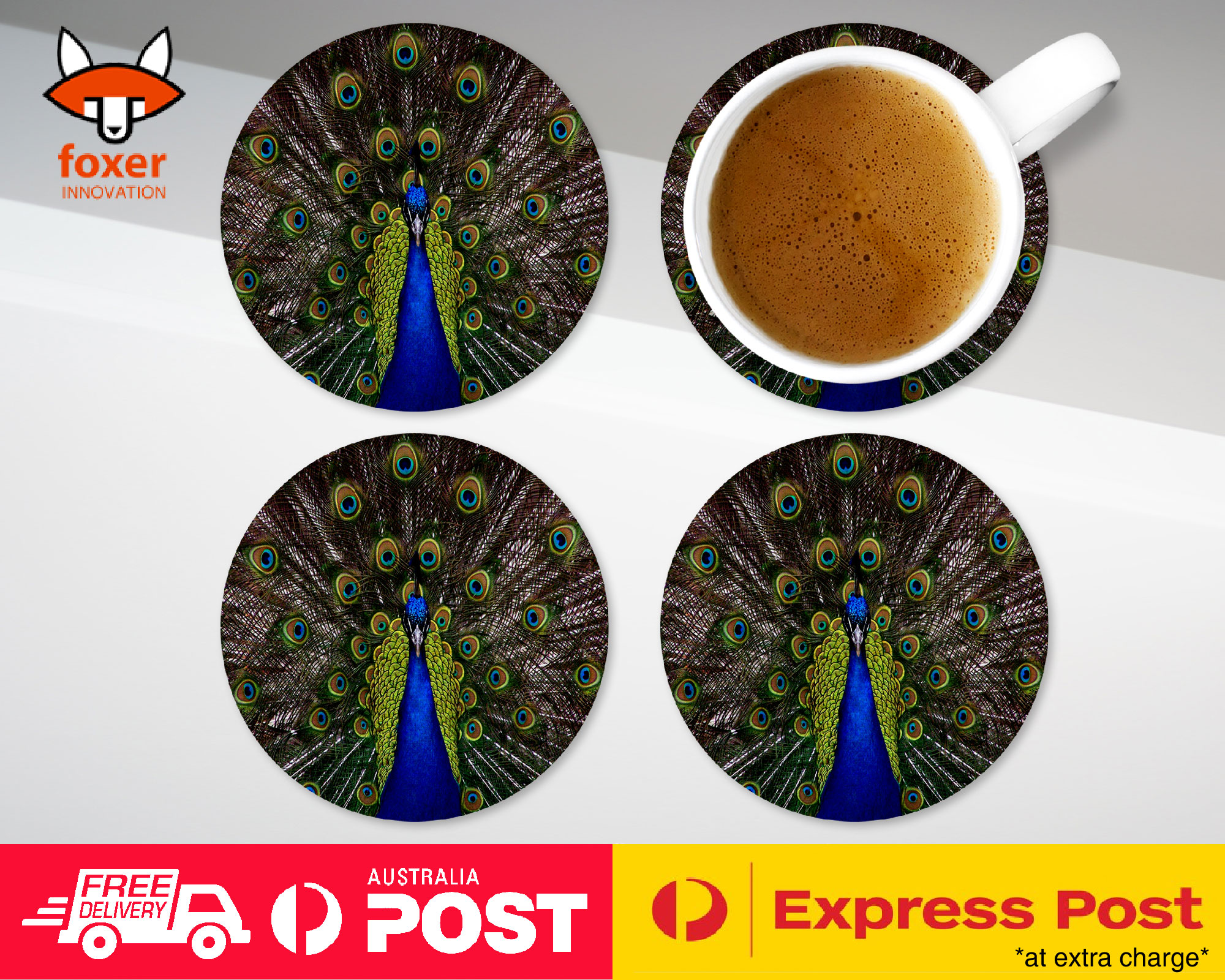 COASTER COFFEE DRINKING MAT|FUN CLASSIC CUTE BLUE PEACOCK #1