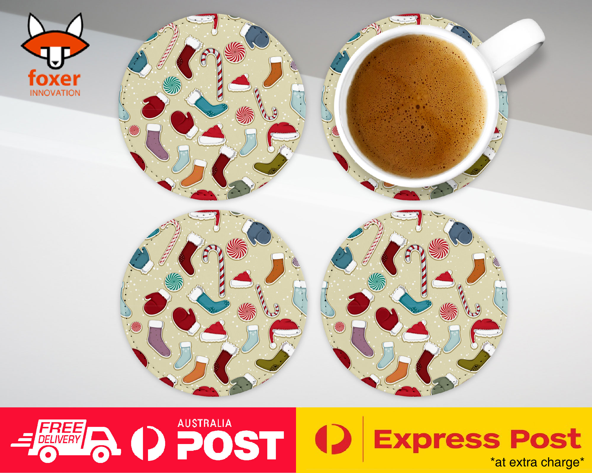 COASTER COFFEE DRINKING MAT|CHRISTMAS STOCKINGS PATTERN 3