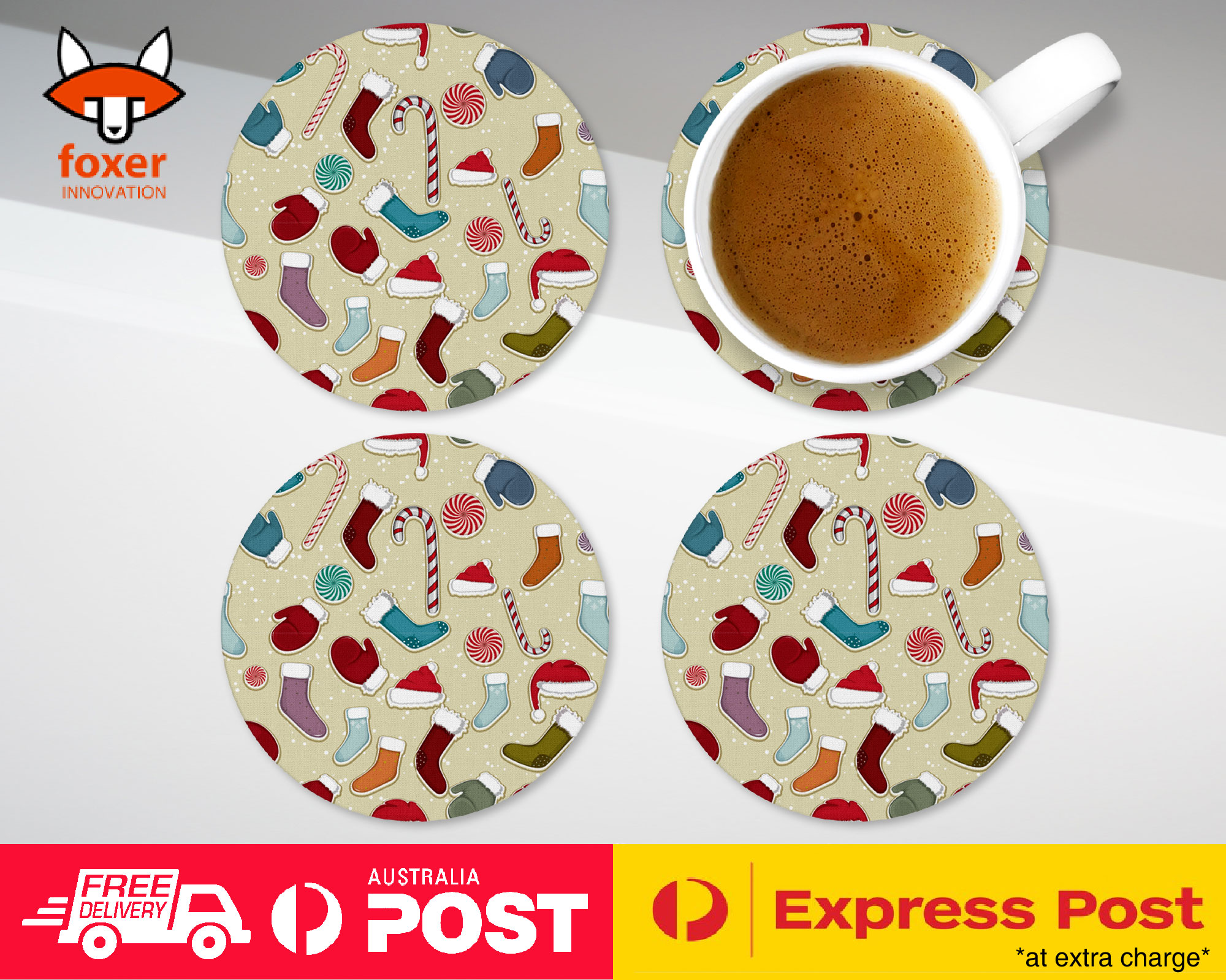 COASTER COFFEE DRINKING MAT|CHRISTMAS STOCKINGS PATTERN 3