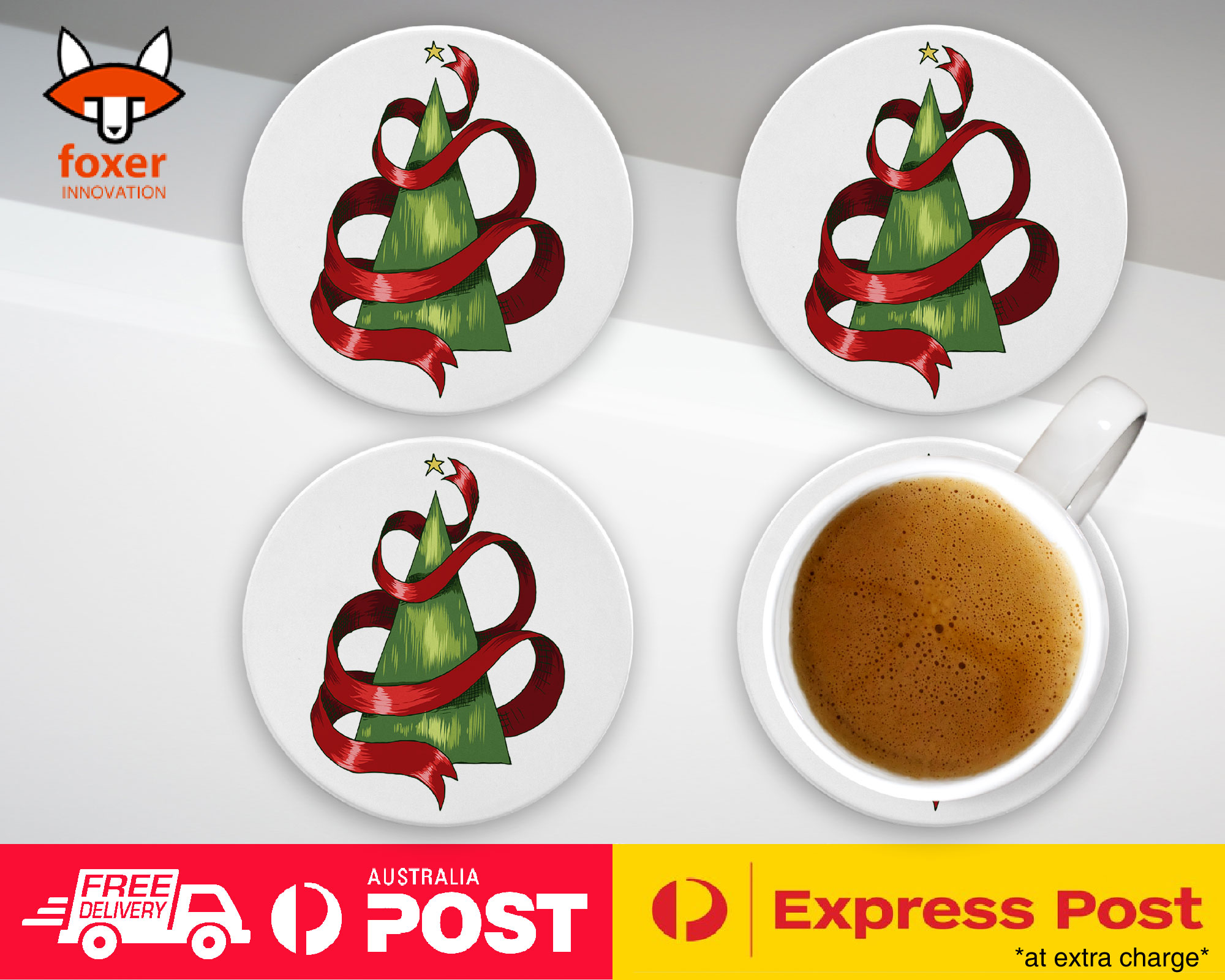 COASTER COFFEE DRINKING MAT|CHRISTMAS TREE WITH RIBBON