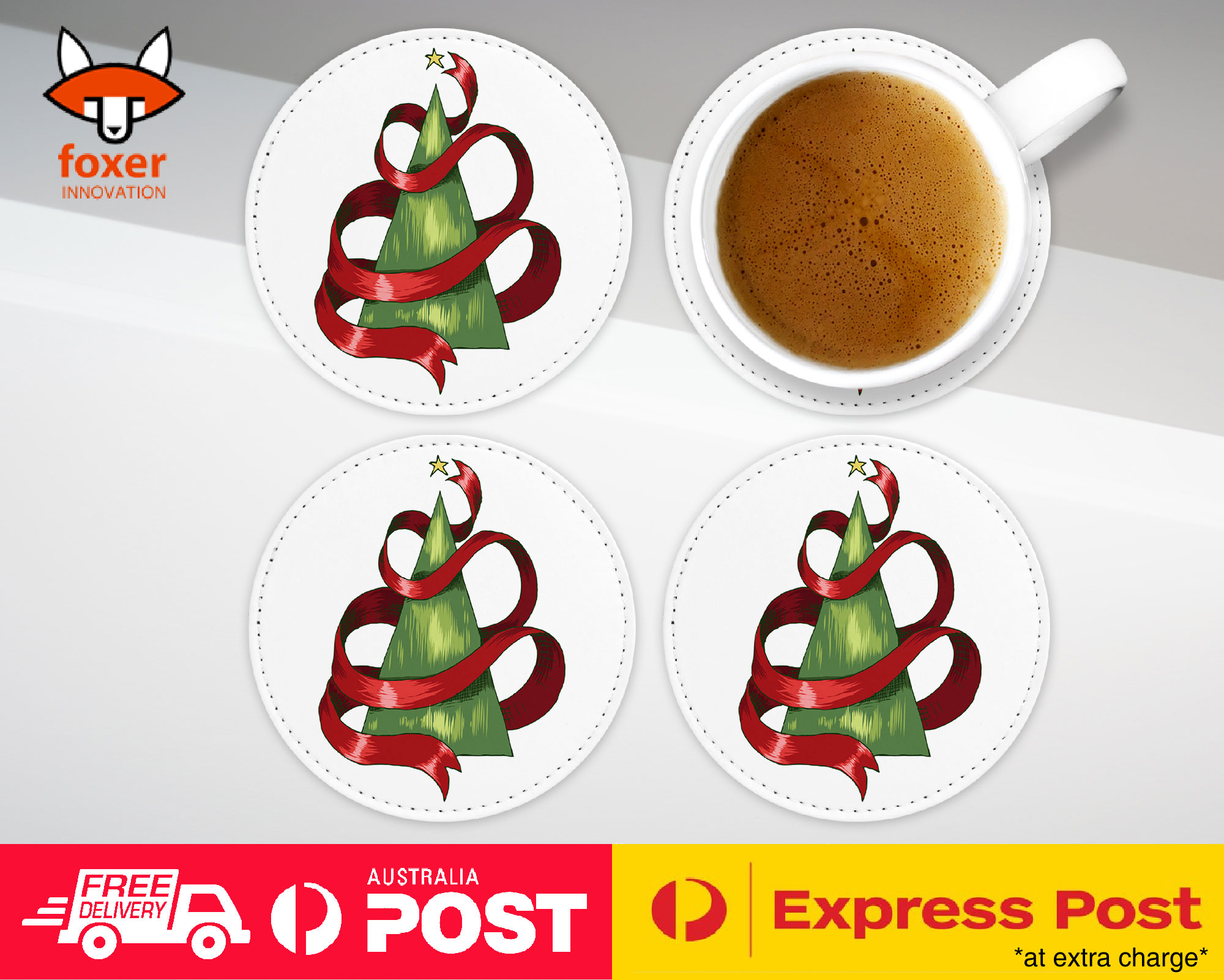 COASTER COFFEE DRINKING MAT|CHRISTMAS TREE WITH RIBBON