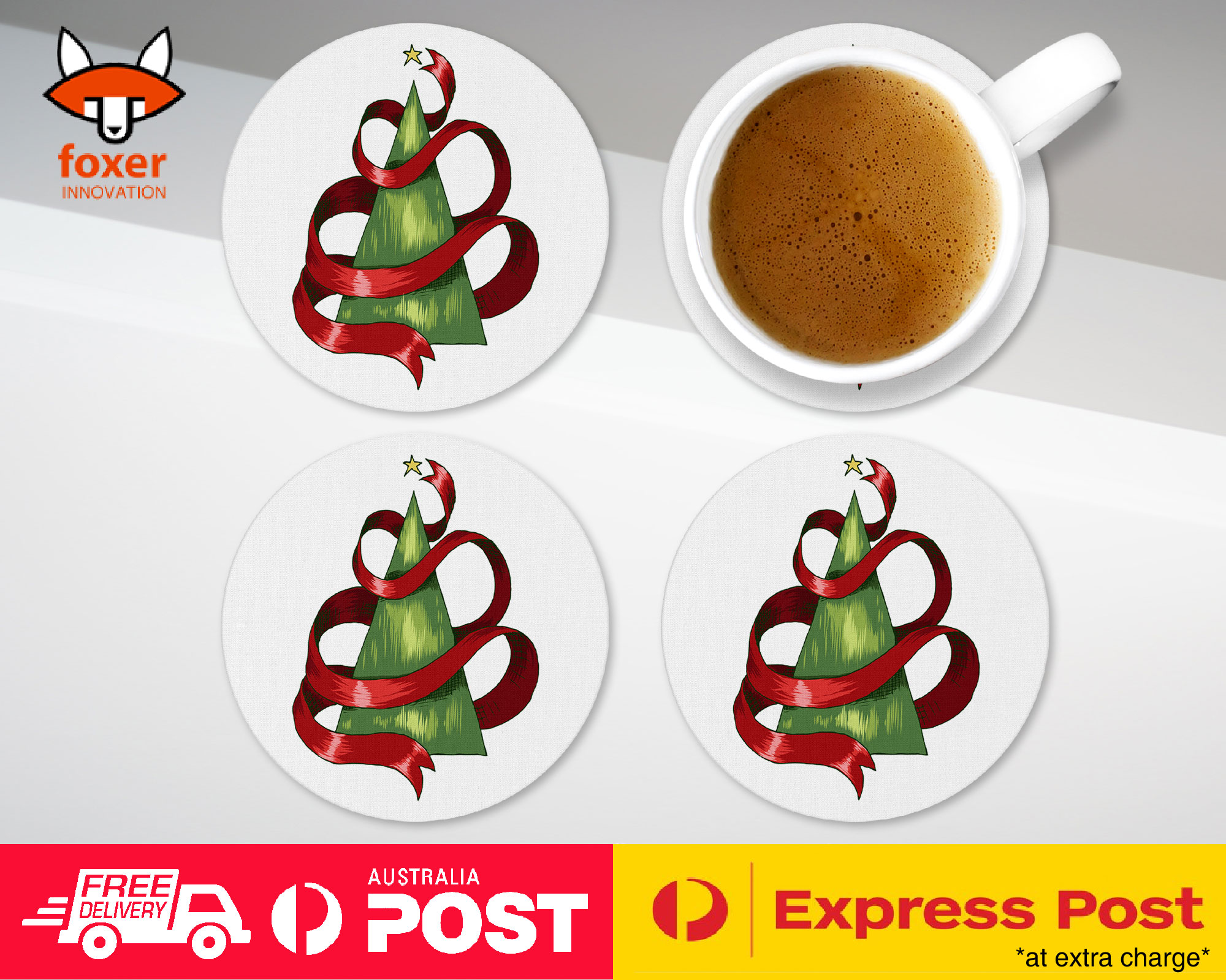 COASTER COFFEE DRINKING MAT|CHRISTMAS TREE WITH RIBBON