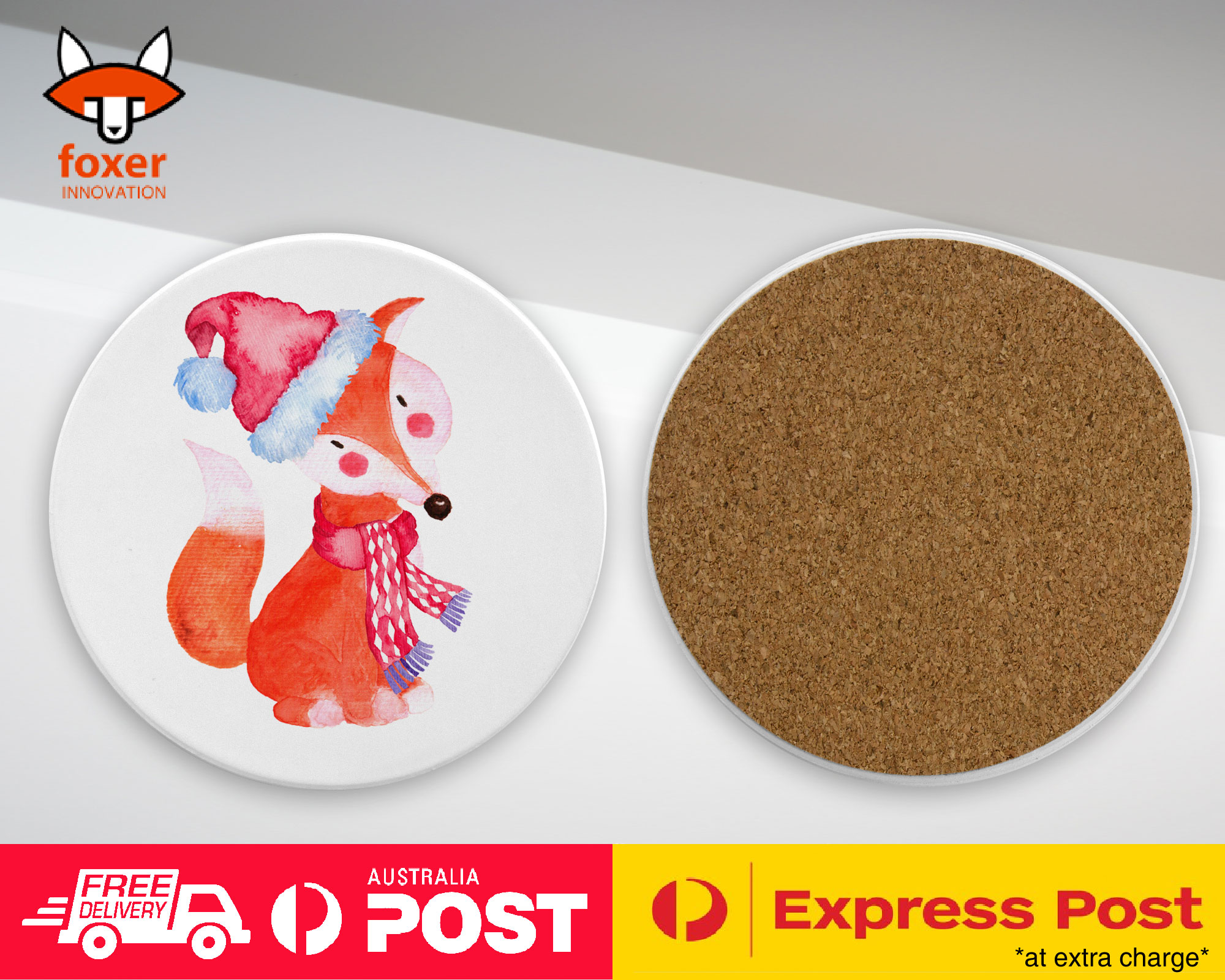 COASTER COFFEE DRINKING MAT|WATERCOLOR FOX CHRISTMAS 1