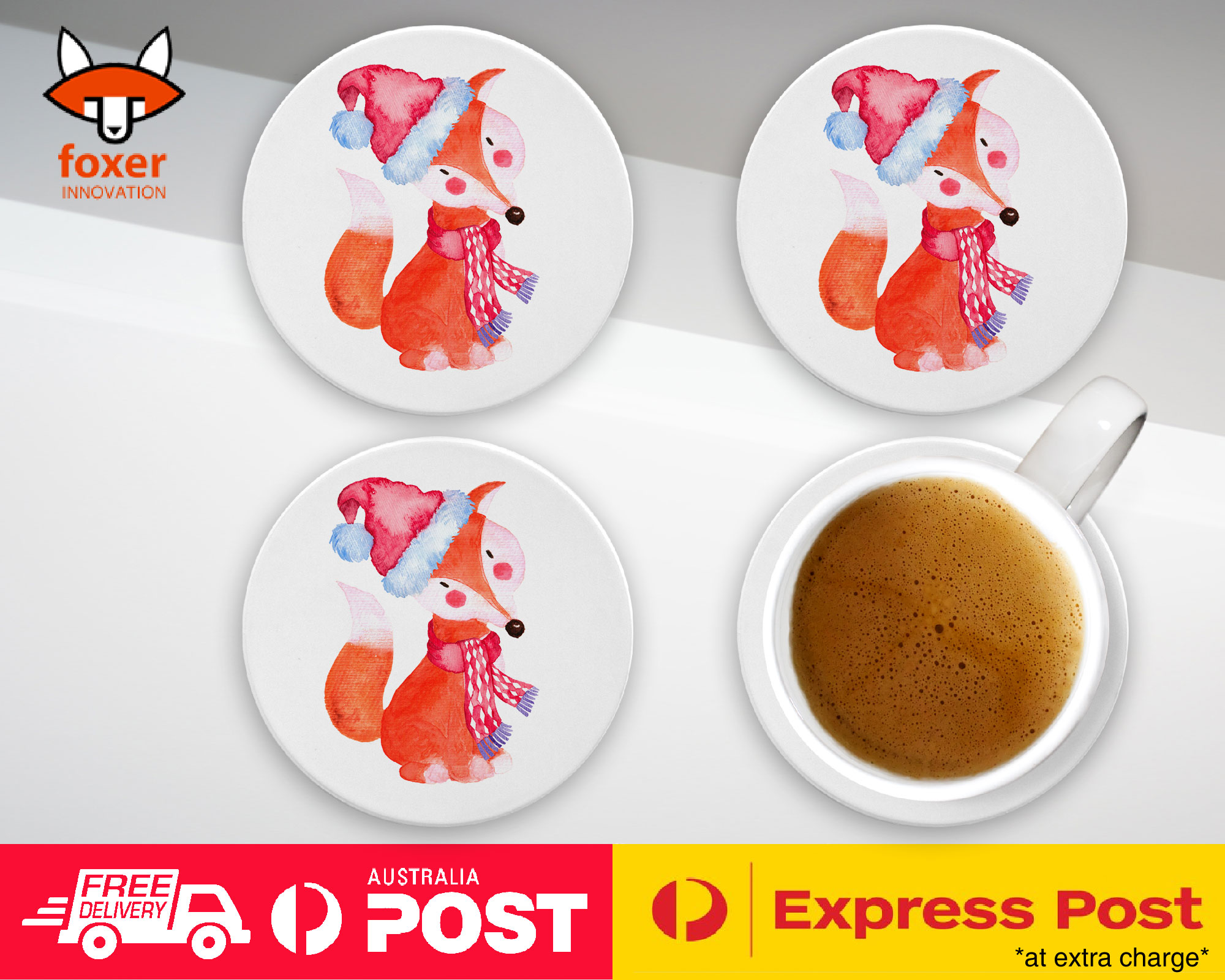 COASTER COFFEE DRINKING MAT|WATERCOLOR FOX CHRISTMAS 1