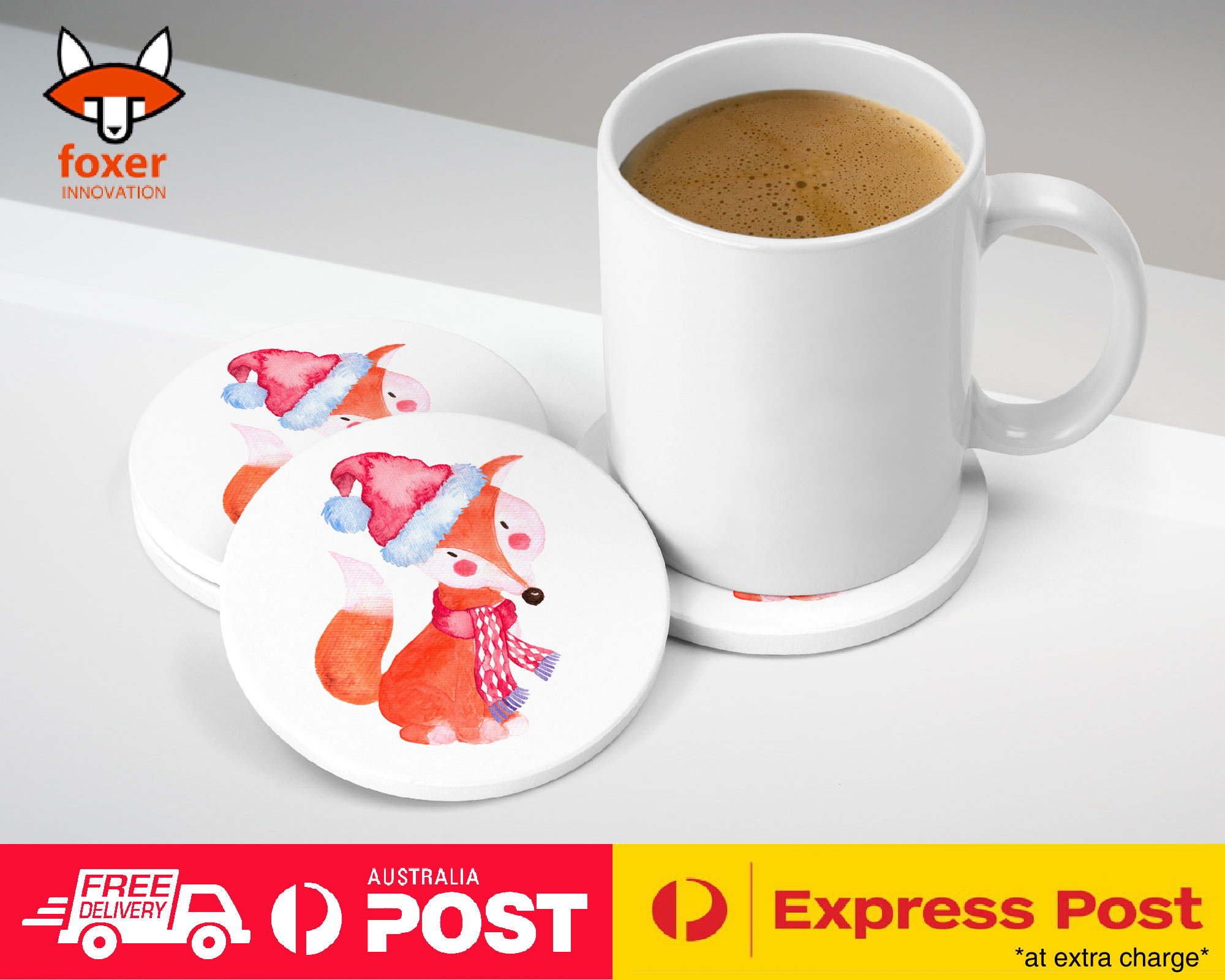 COASTER COFFEE DRINKING MAT|WATERCOLOR FOX CHRISTMAS 1