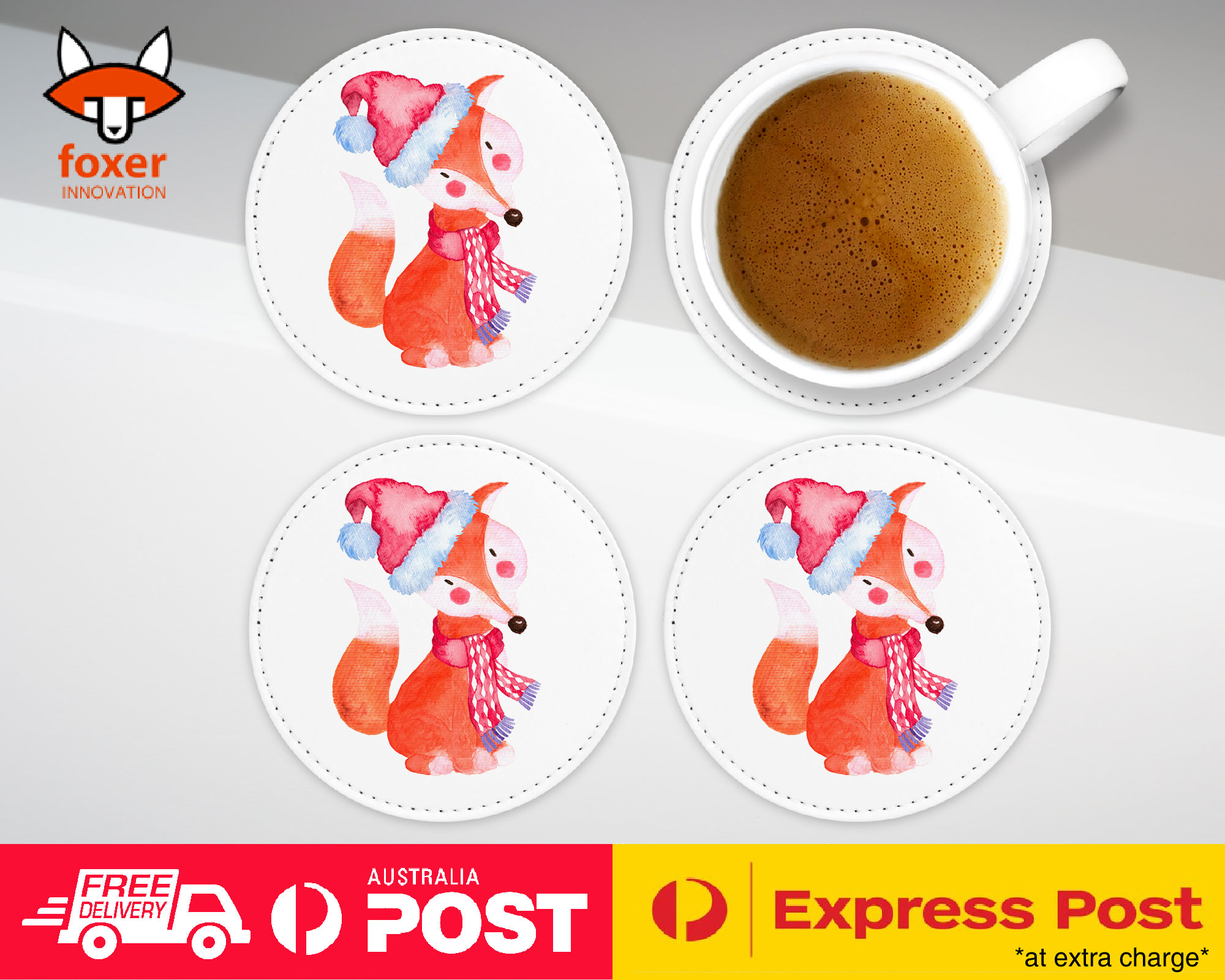 COASTER COFFEE DRINKING MAT|WATERCOLOR FOX CHRISTMAS 1