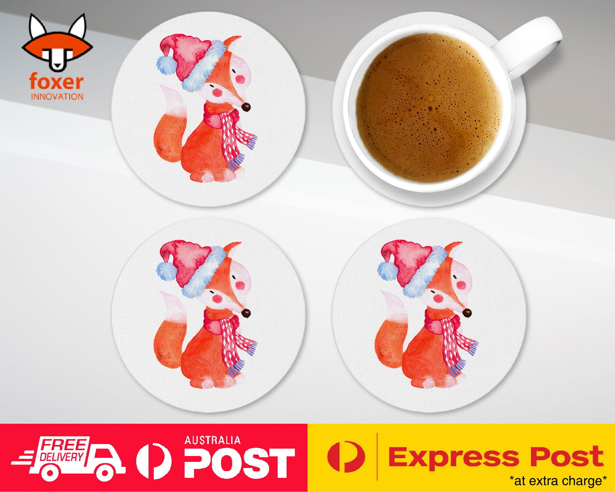 COASTER COFFEE DRINKING MAT|WATERCOLOR FOX CHRISTMAS 1