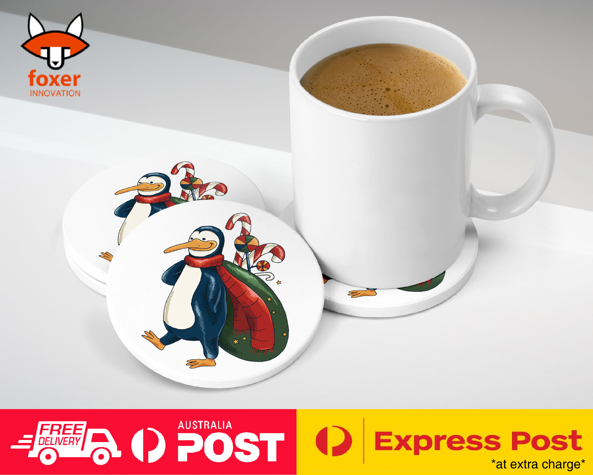 COASTER COFFEE DRINKING MAT|PENGUIN ON CHRISTMAS