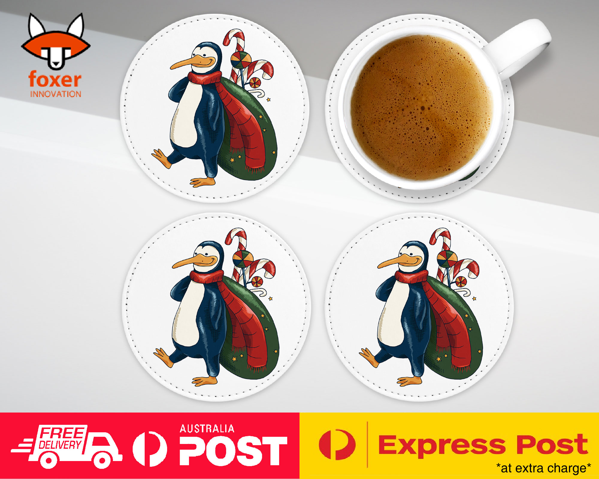 COASTER COFFEE DRINKING MAT|PENGUIN ON CHRISTMAS