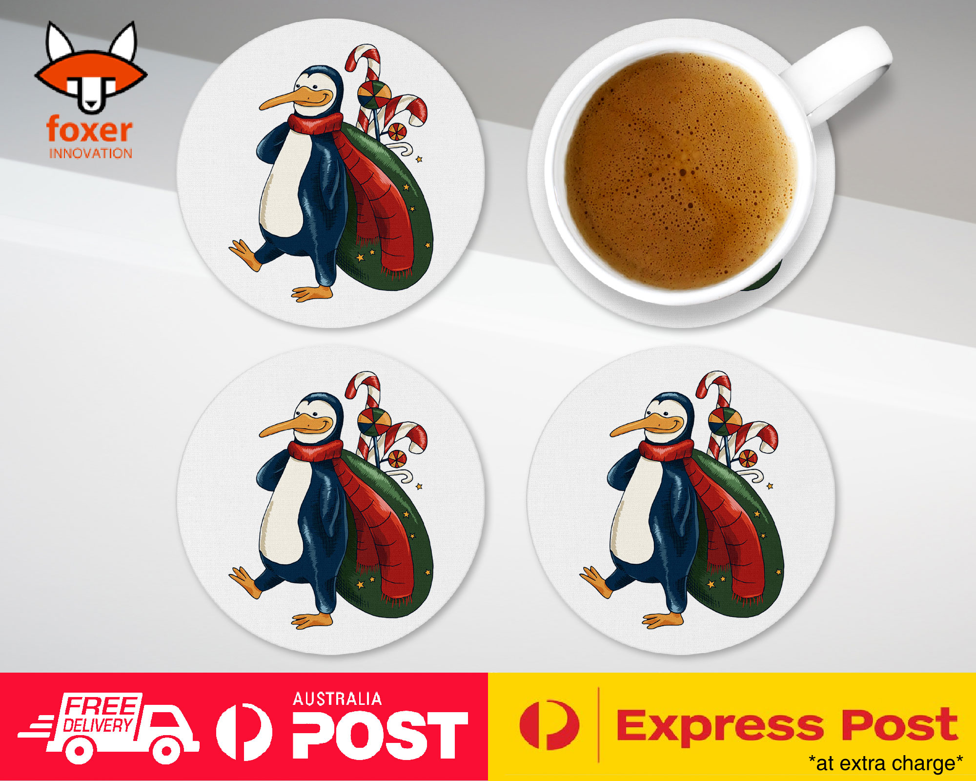COASTER COFFEE DRINKING MAT|PENGUIN ON CHRISTMAS