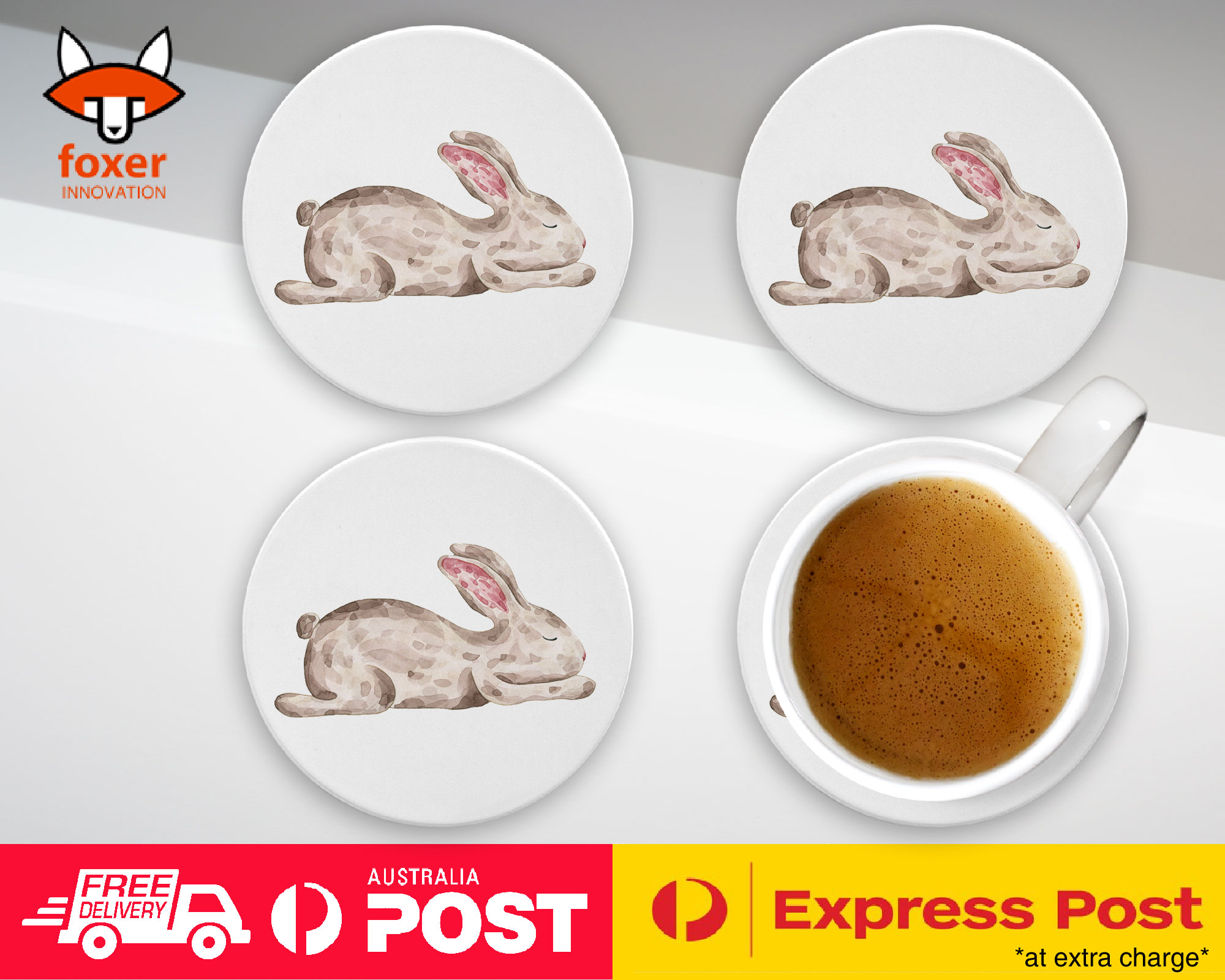 COASTER COFFEE DRINKING MAT|CUTE WATERCOLOR RABBIT BUNNY 1