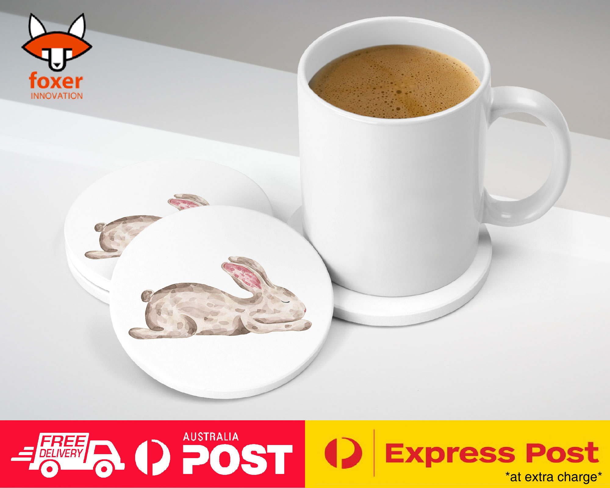 COASTER COFFEE DRINKING MAT|CUTE WATERCOLOR RABBIT BUNNY 1