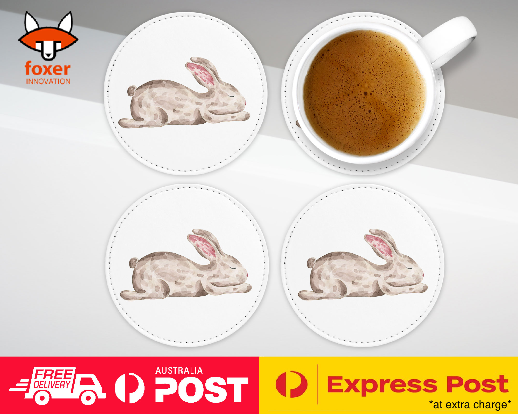 COASTER COFFEE DRINKING MAT|CUTE WATERCOLOR RABBIT BUNNY 1