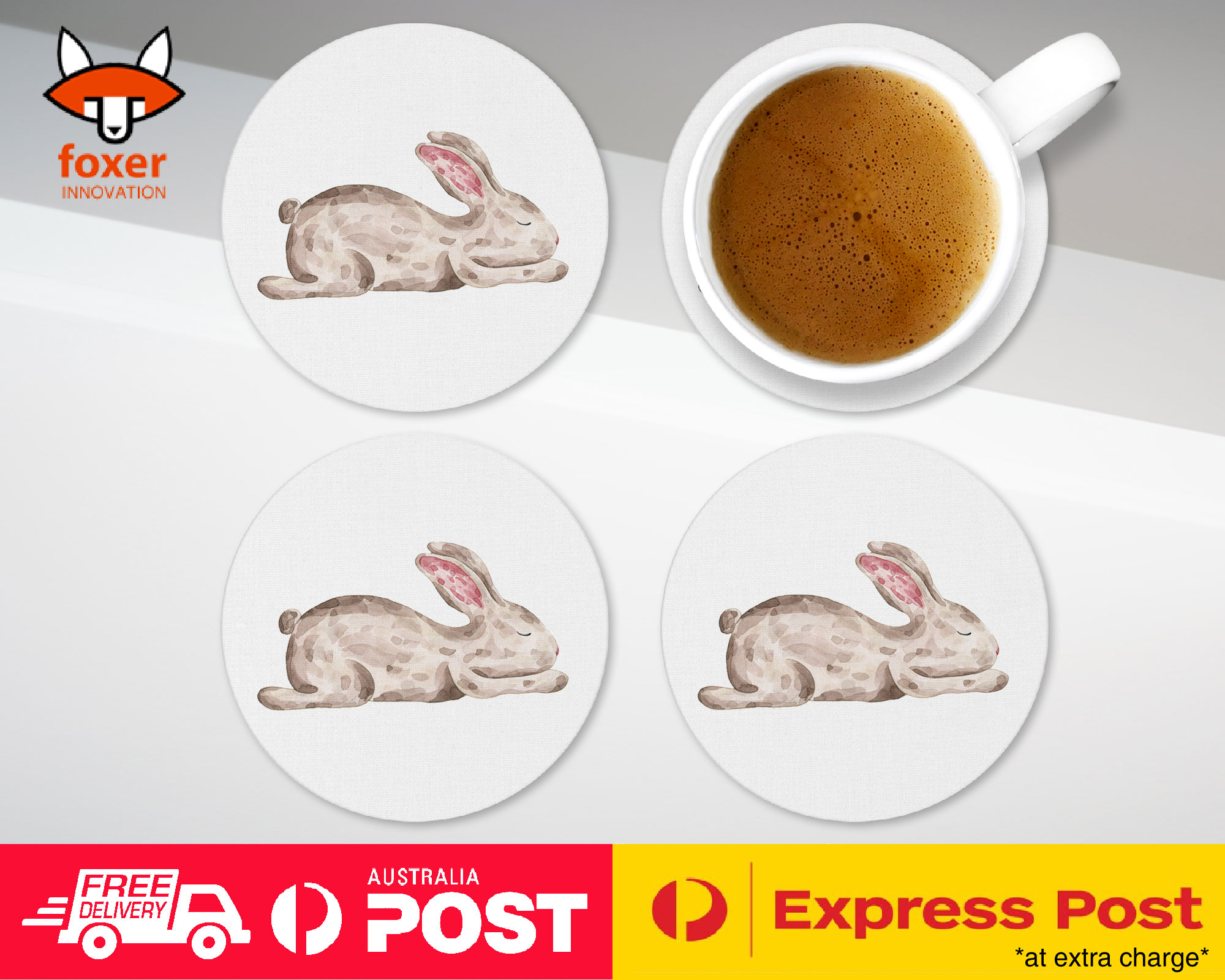 COASTER COFFEE DRINKING MAT|CUTE WATERCOLOR RABBIT BUNNY 1