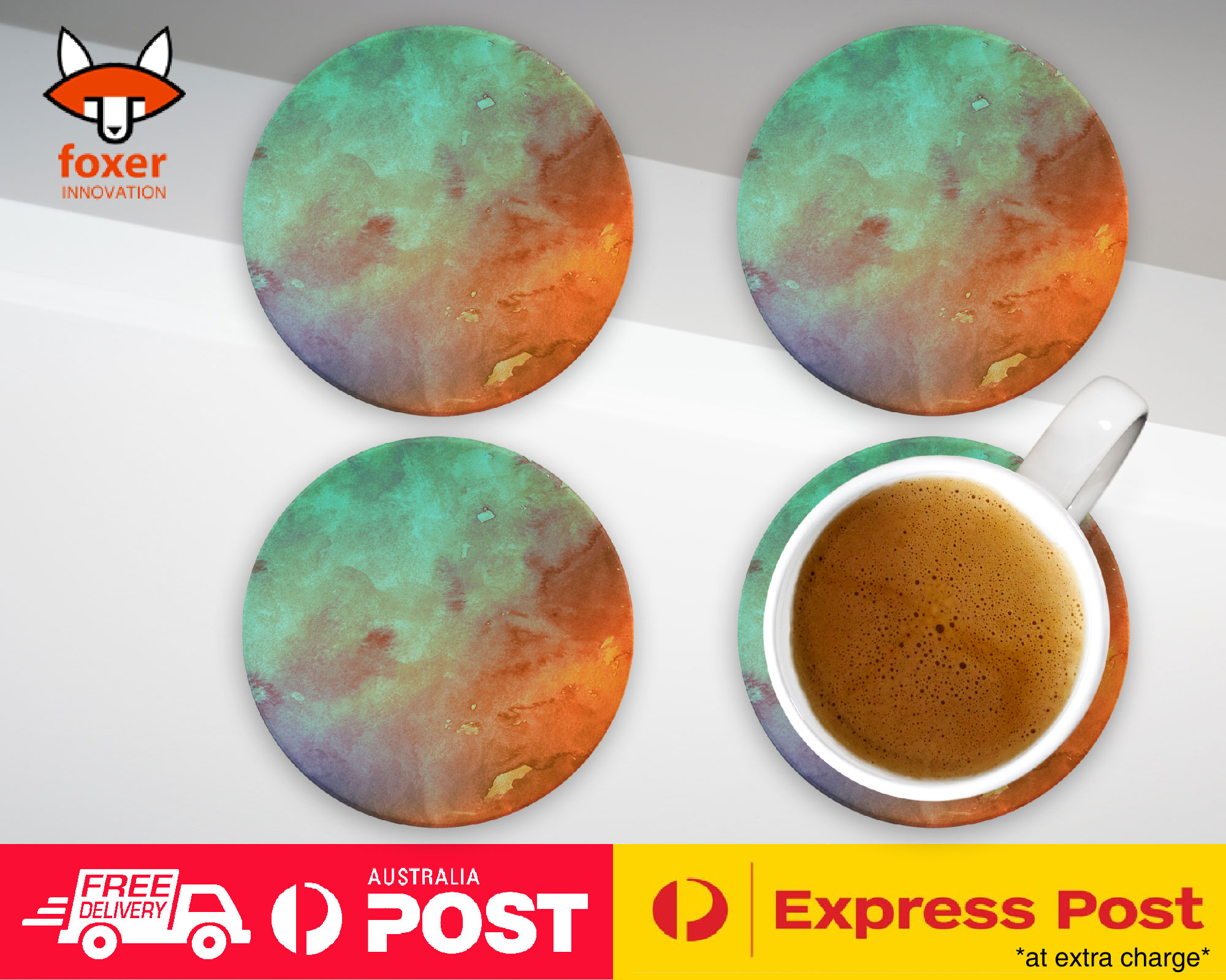 COASTER COFFEE DRINKING MAT|ORANGE TEAL WATERCOLOR 26