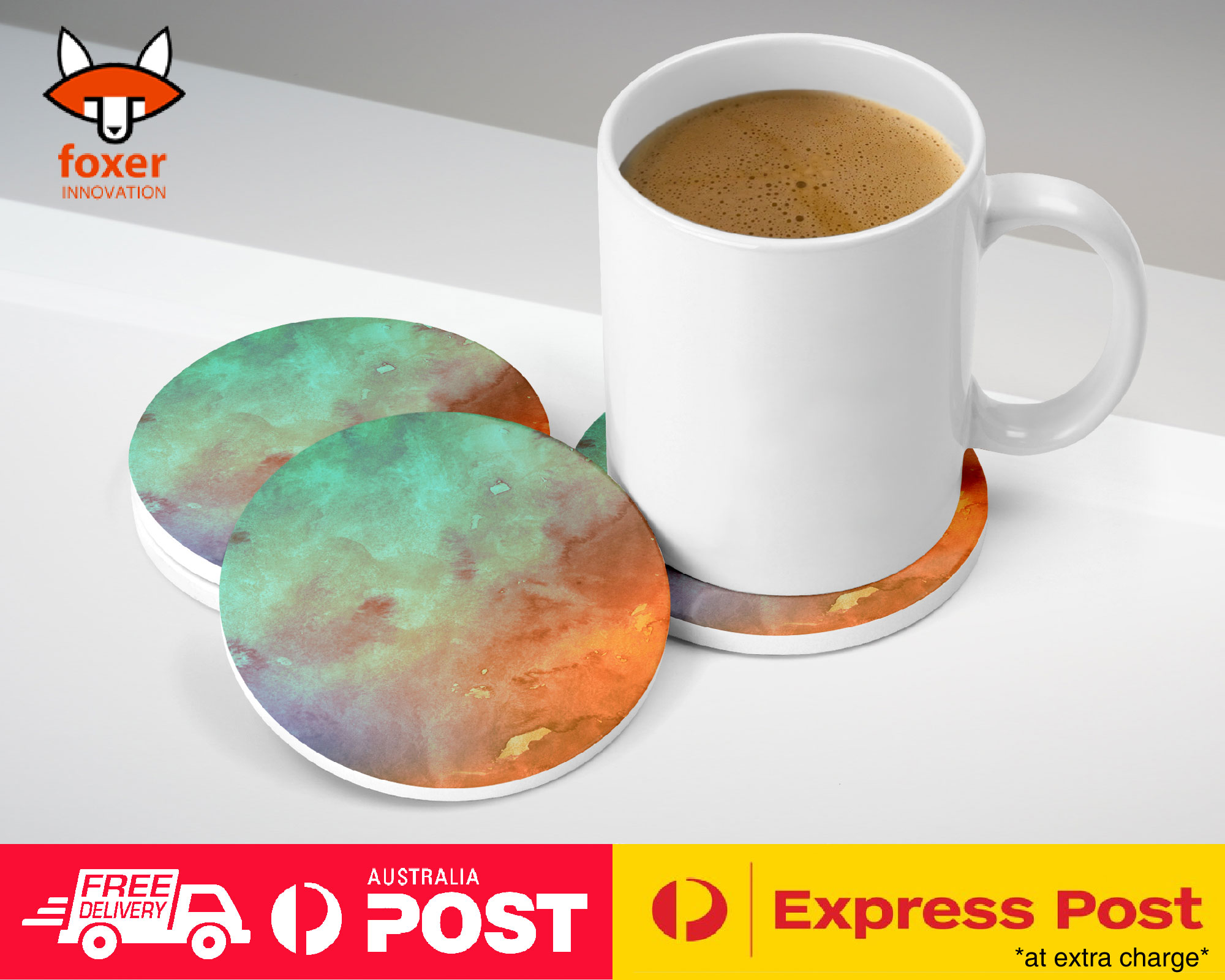 COASTER COFFEE DRINKING MAT|ORANGE TEAL WATERCOLOR 26