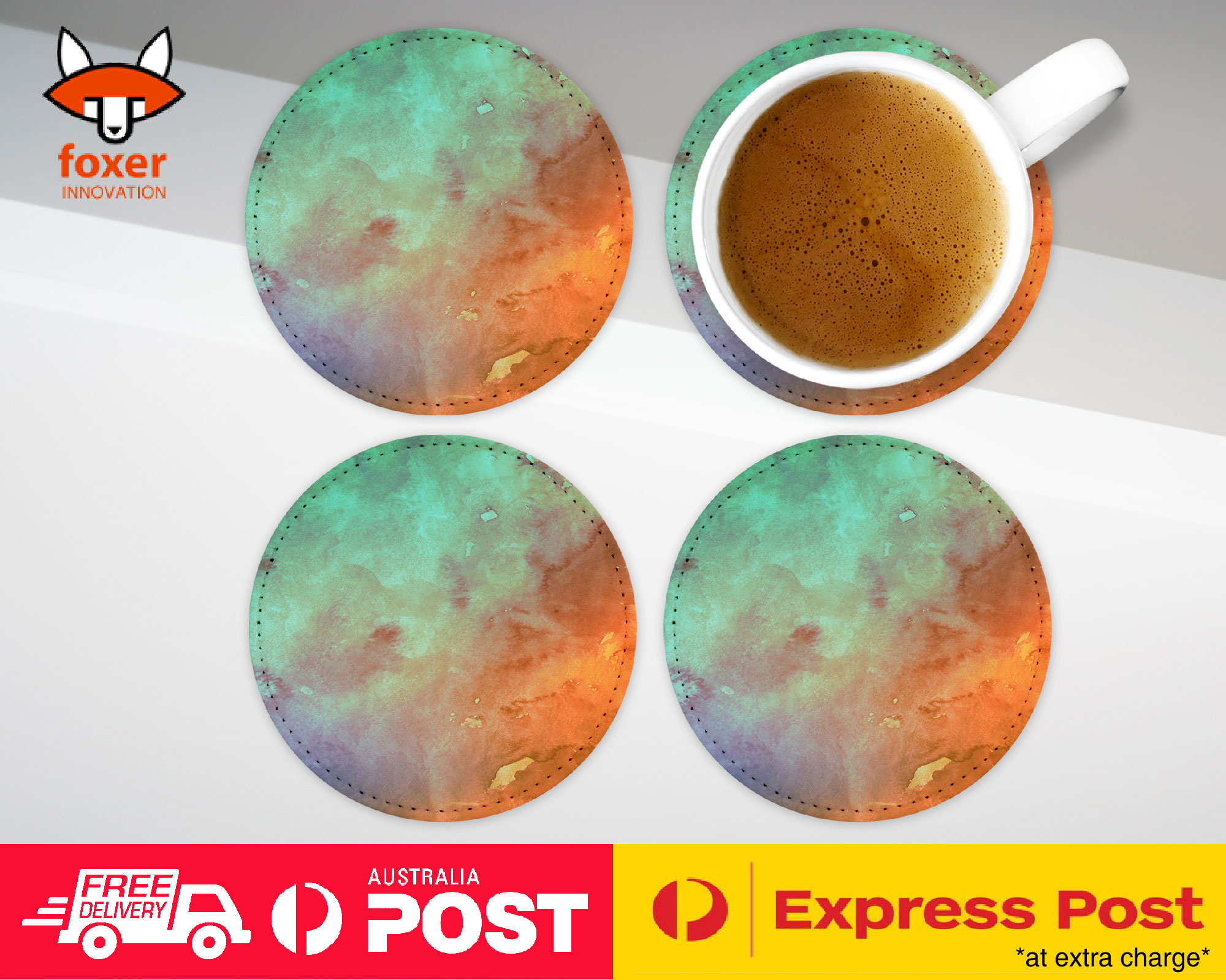 COASTER COFFEE DRINKING MAT|ORANGE TEAL WATERCOLOR 26