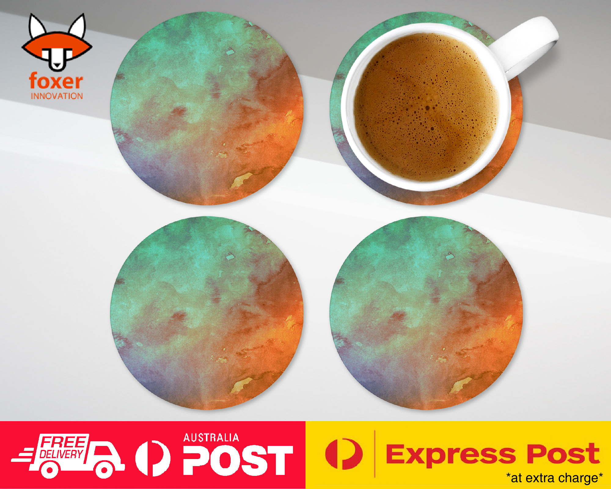 COASTER COFFEE DRINKING MAT|ORANGE TEAL WATERCOLOR 26