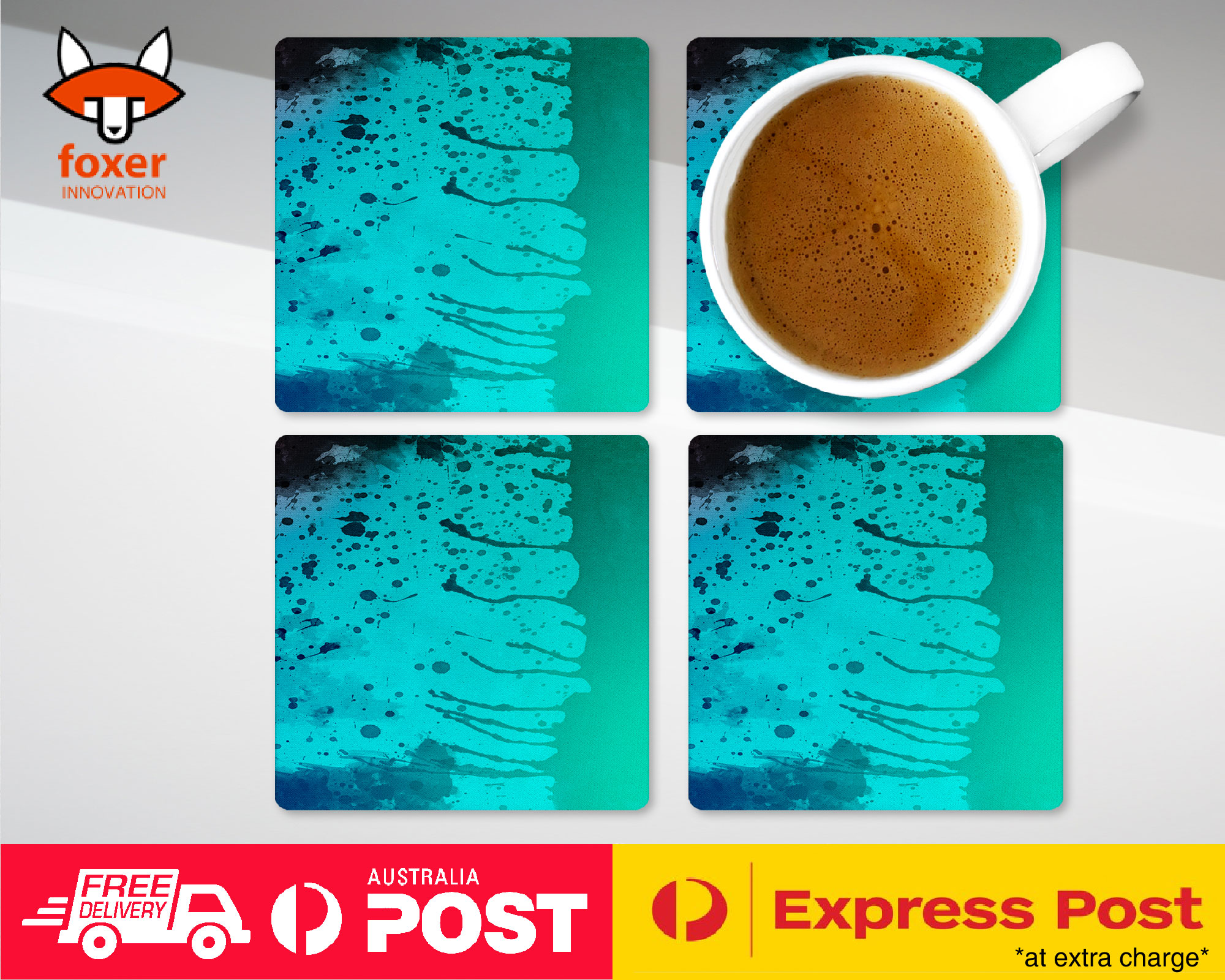 COASTER COFFEE DRINKING MAT|BLUE TEAL WATERCOLOR 92 - Foto 13 di 21
