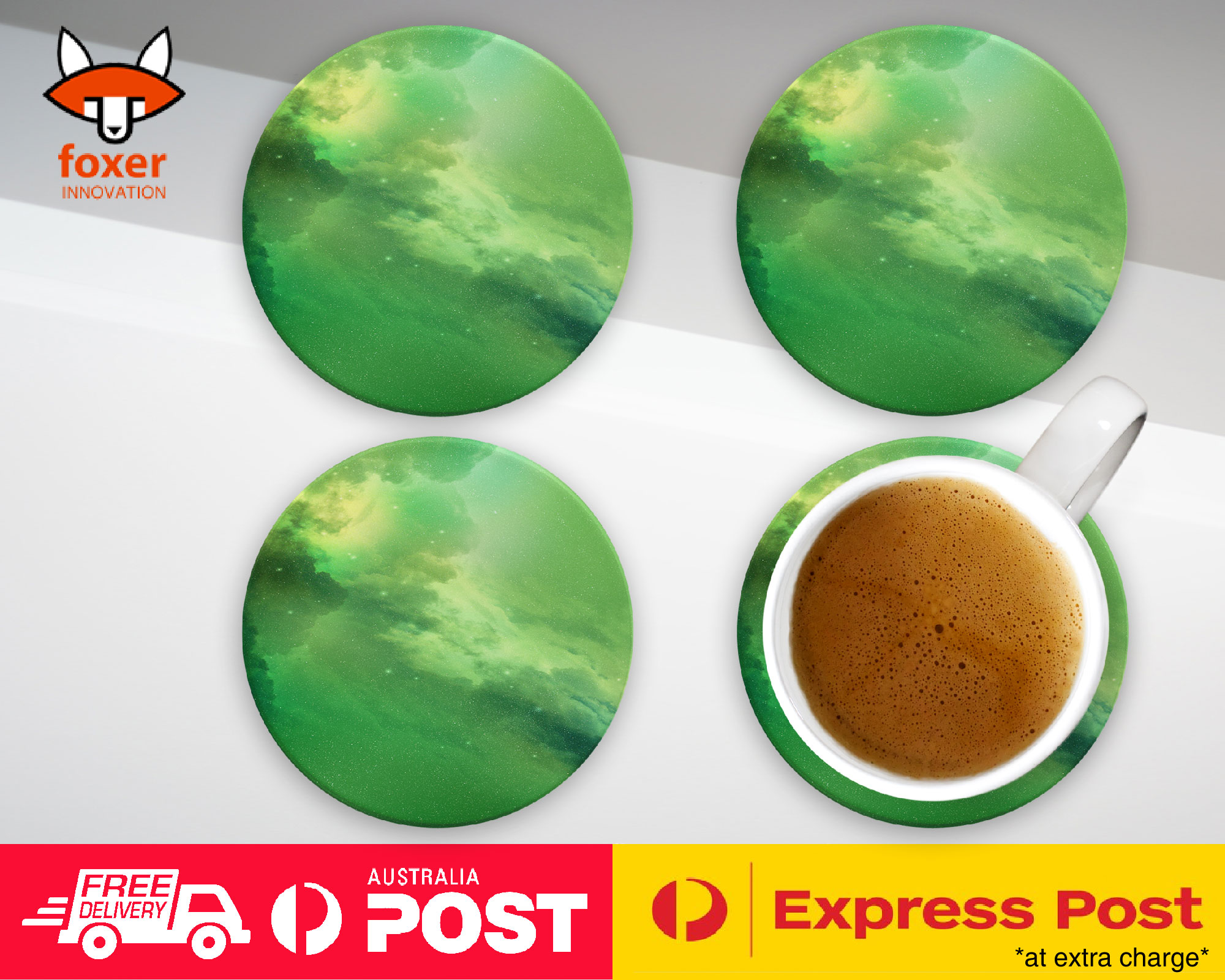 COASTER COFFEE DRINKING MAT|GREEN NEBULA SPACE GALAXY