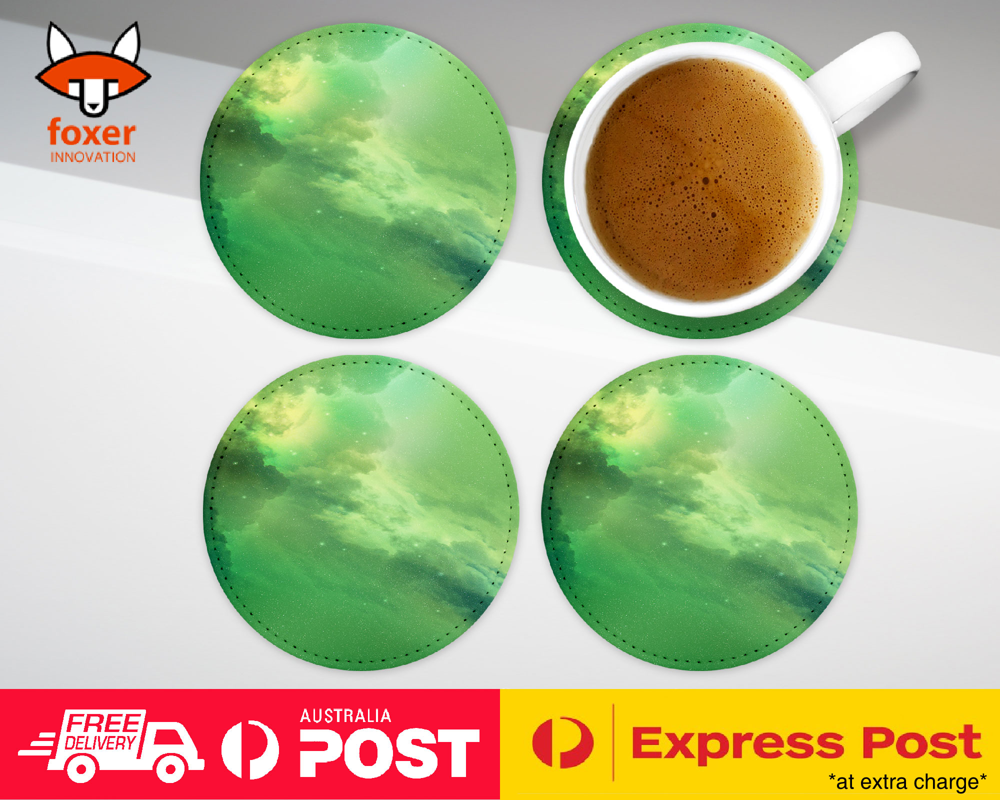 COASTER COFFEE DRINKING MAT|GREEN NEBULA SPACE GALAXY