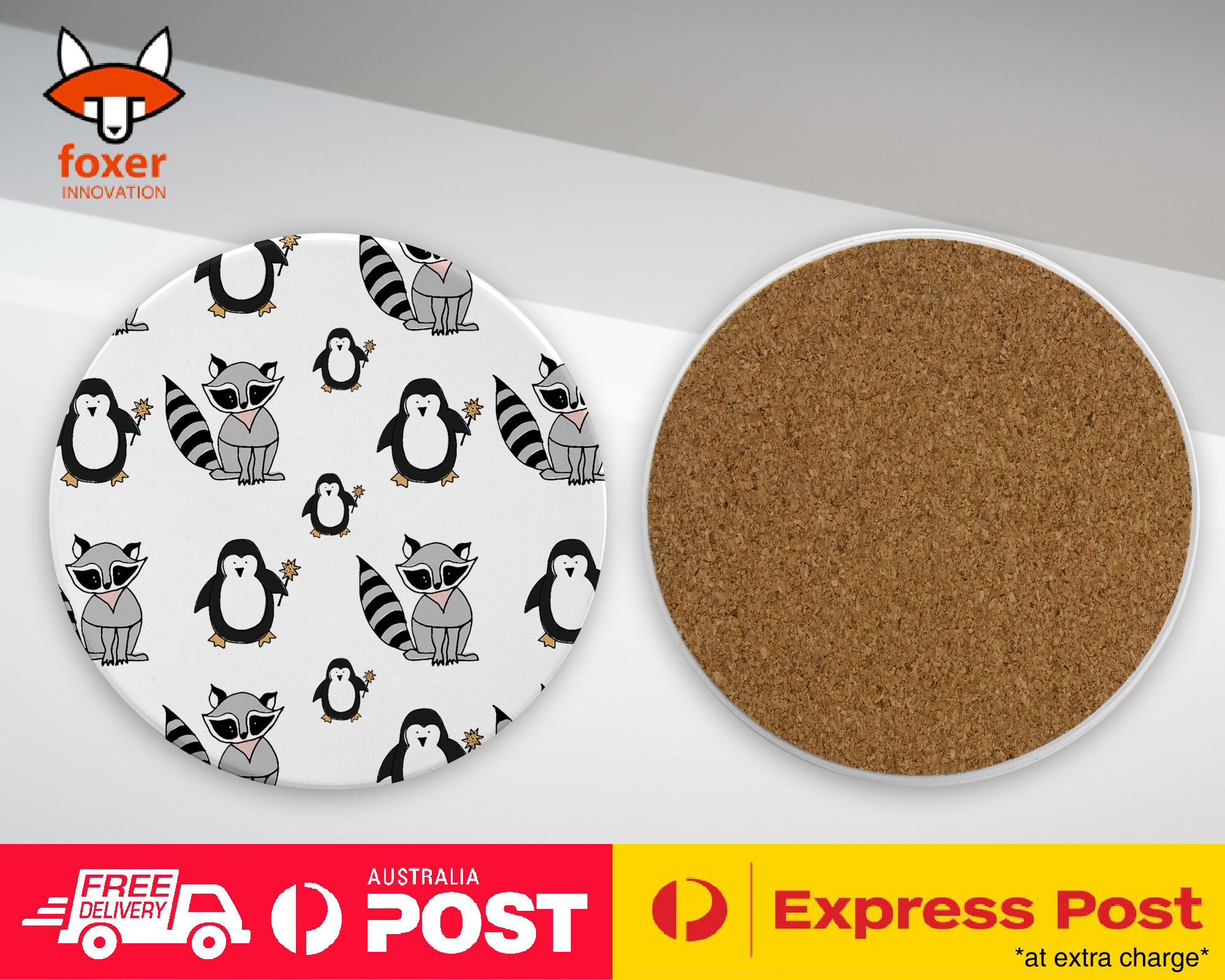 COASTER COFFEE DRINKING MAT|CUTE RACOON AND PENGUIN PATTERN