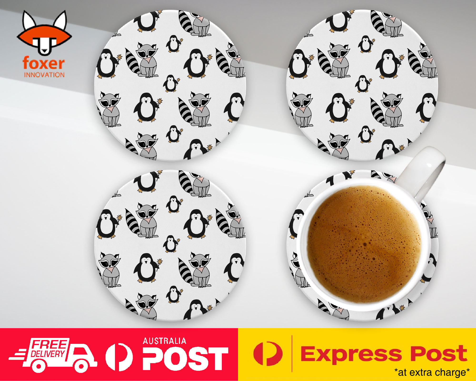 COASTER COFFEE DRINKING MAT|CUTE RACOON AND PENGUIN PATTERN