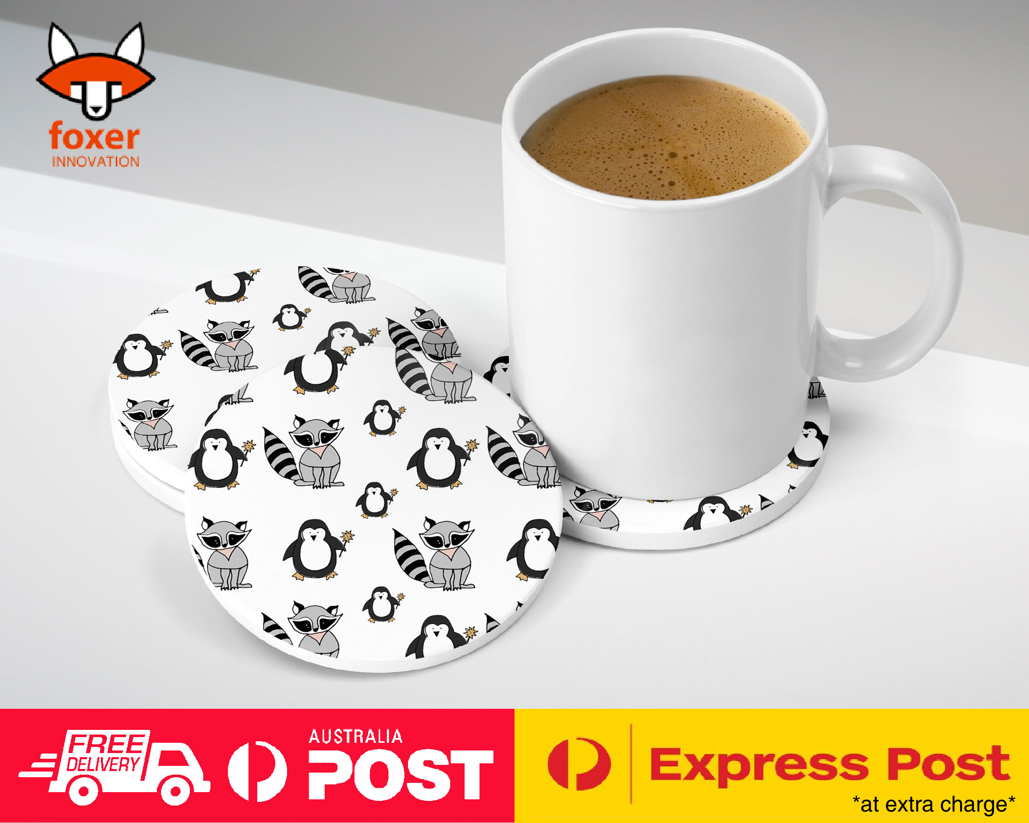 COASTER COFFEE DRINKING MAT|CUTE RACOON AND PENGUIN PATTERN