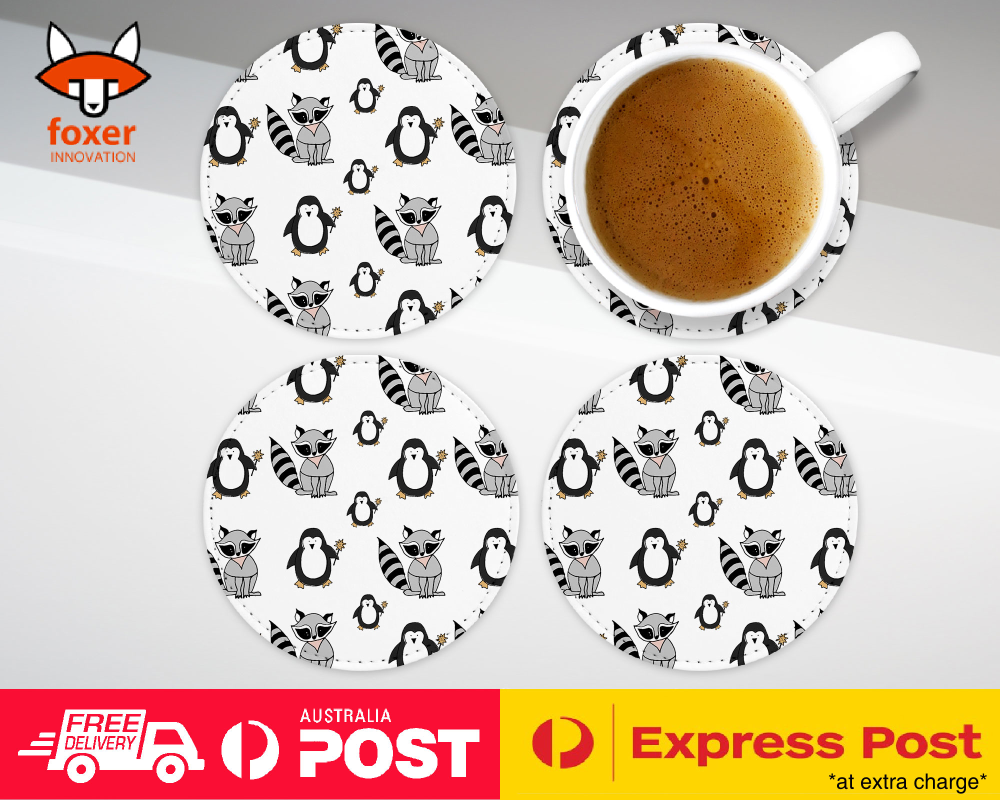 COASTER COFFEE DRINKING MAT|CUTE RACOON AND PENGUIN PATTERN