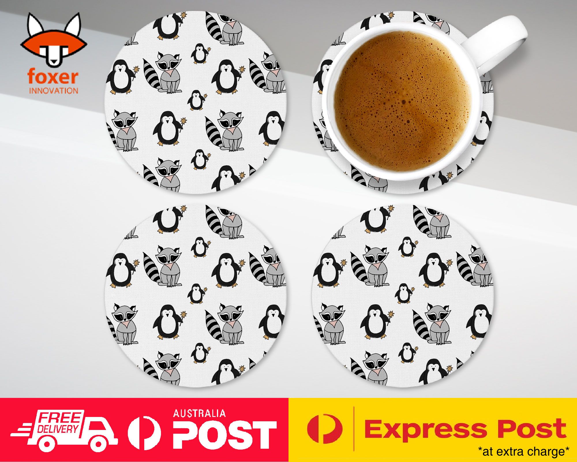 COASTER COFFEE DRINKING MAT|CUTE RACOON AND PENGUIN PATTERN