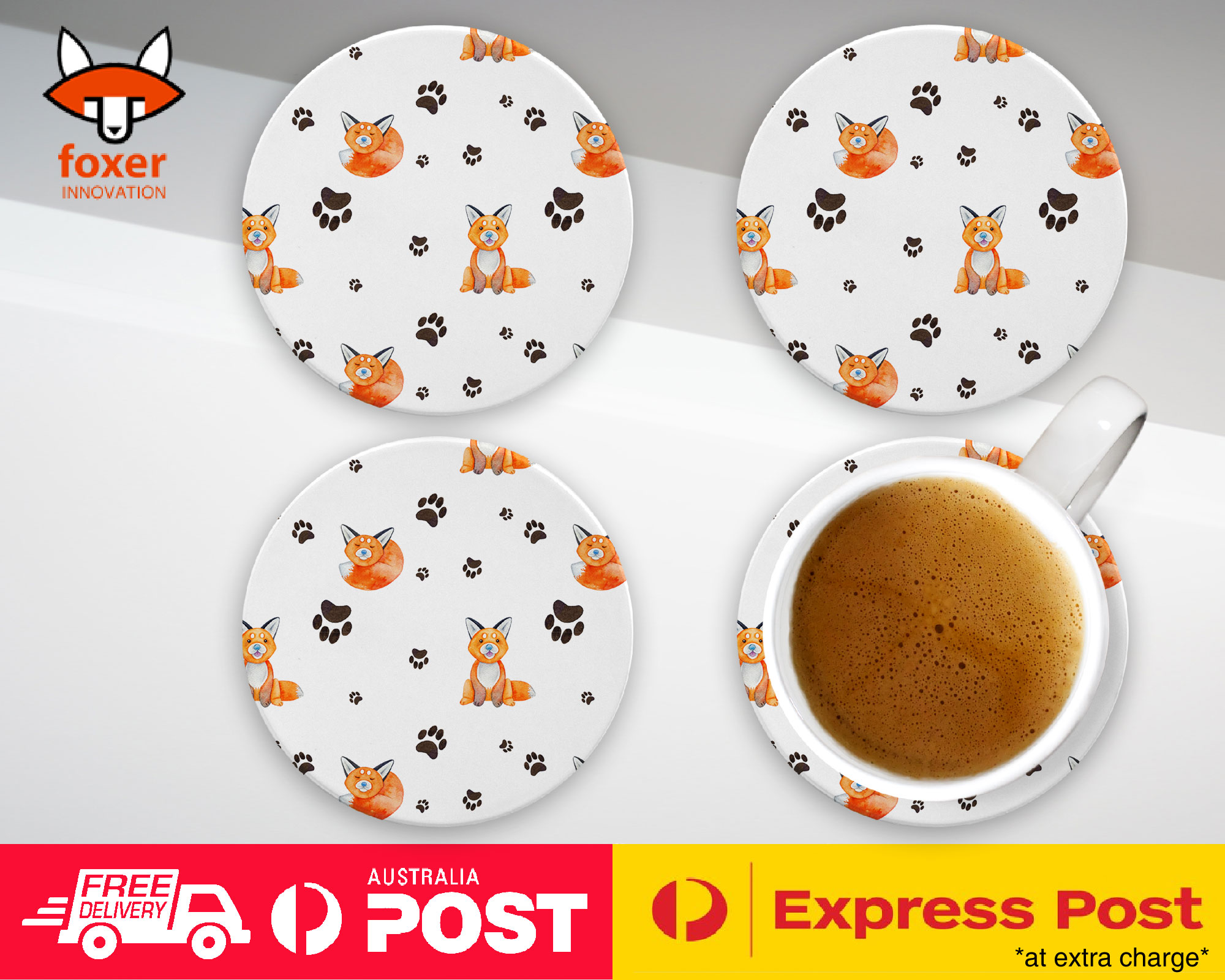 COASTER COFFEE DRINKING MAT|WATERCOLOR FOX AND PAW PATTERN