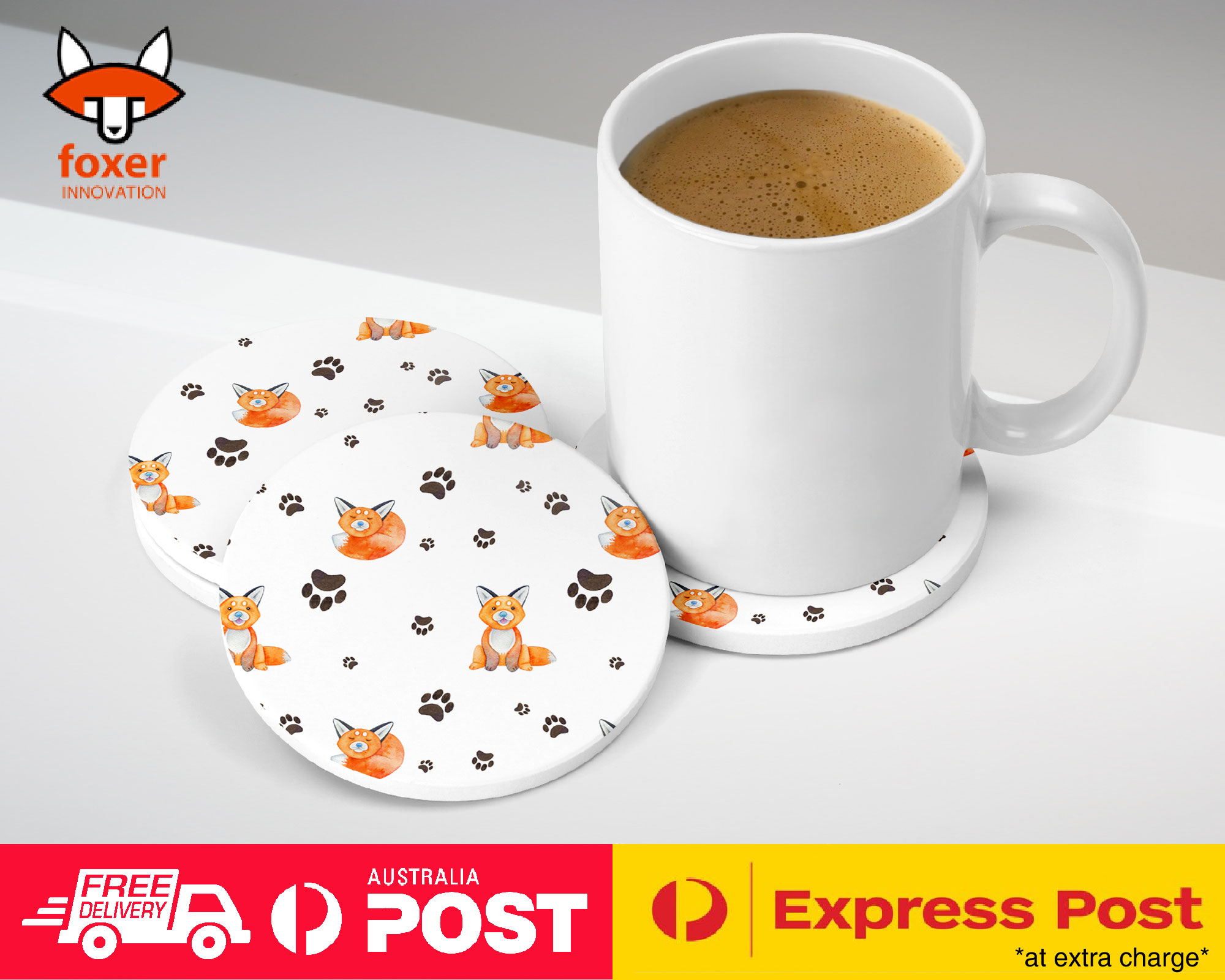COASTER COFFEE DRINKING MAT|WATERCOLOR FOX AND PAW PATTERN