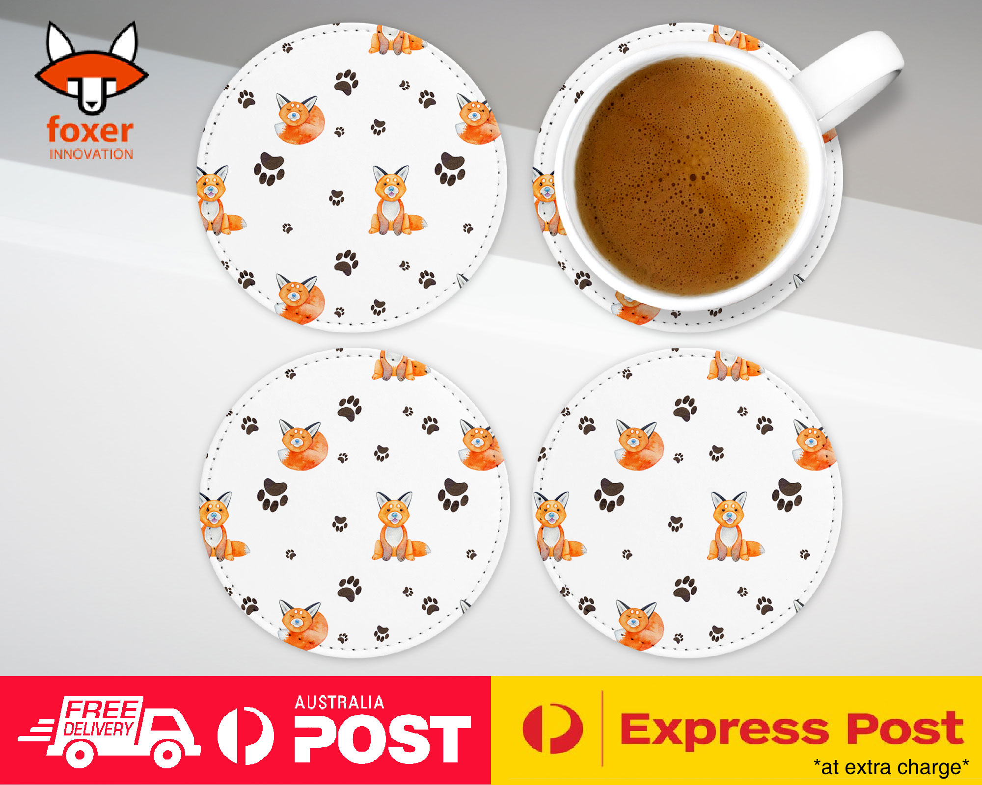 COASTER COFFEE DRINKING MAT|WATERCOLOR FOX AND PAW PATTERN
