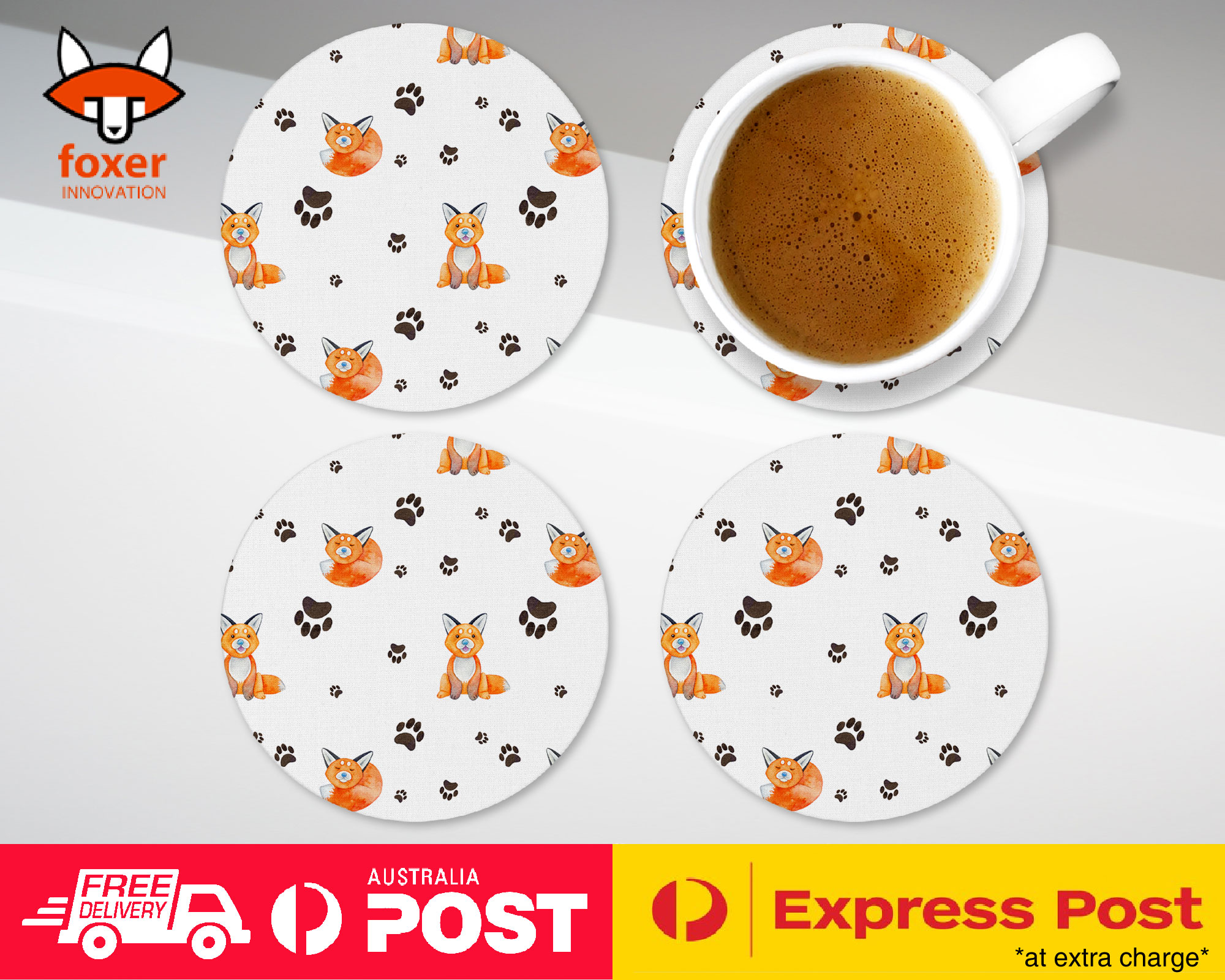 COASTER COFFEE DRINKING MAT|WATERCOLOR FOX AND PAW PATTERN