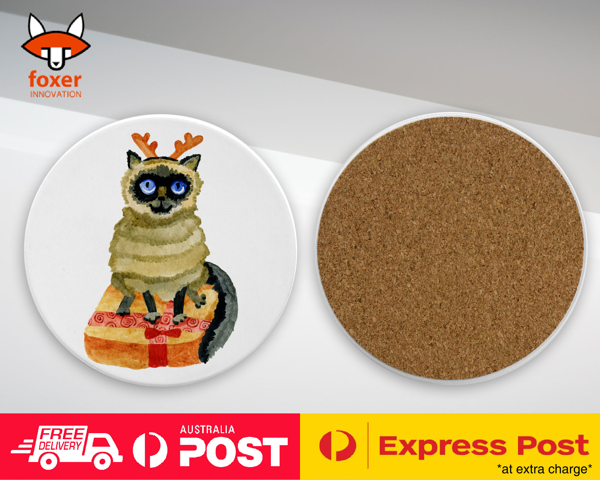 COASTER COFFEE DRINKING MAT|WATERCOLOR XMAS SIAMESE CAT