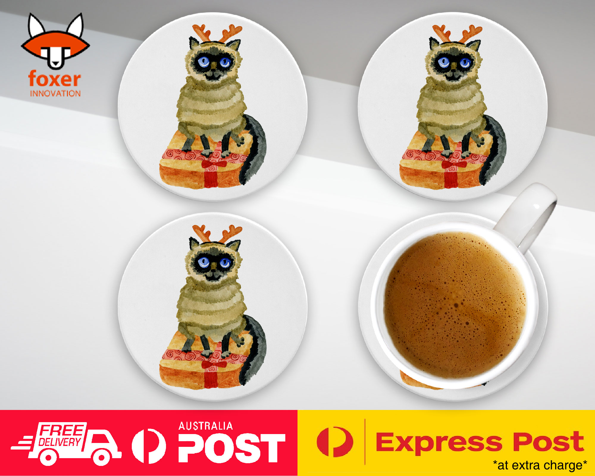 COASTER COFFEE DRINKING MAT|WATERCOLOR XMAS SIAMESE CAT