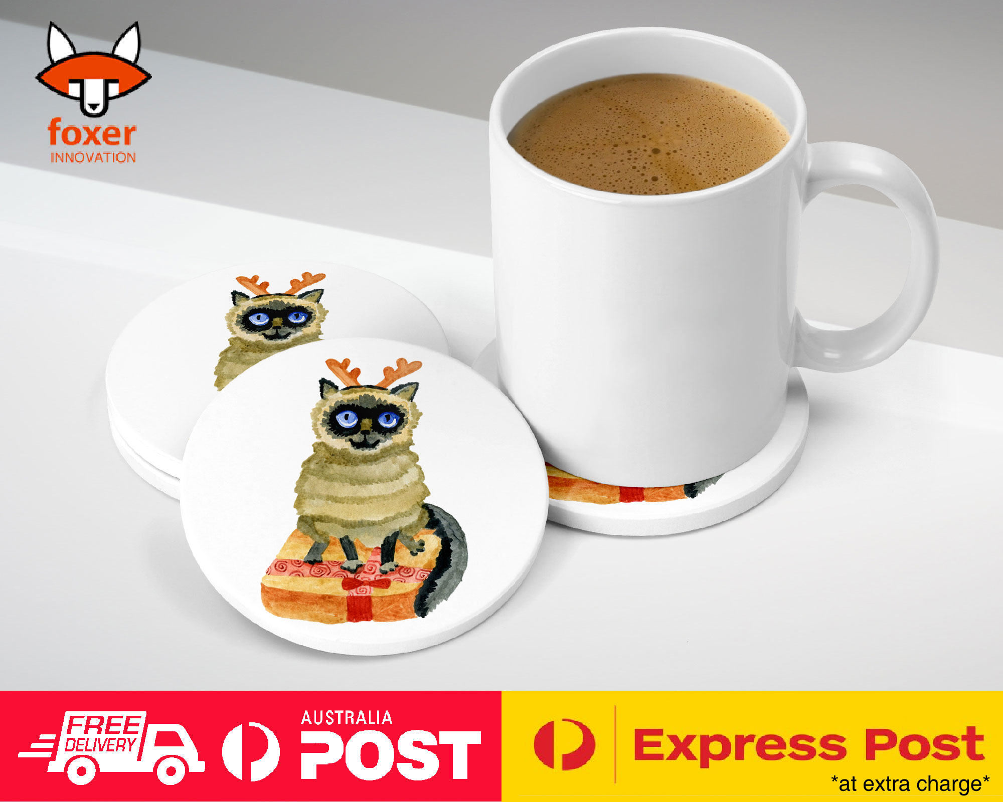 COASTER COFFEE DRINKING MAT|WATERCOLOR XMAS SIAMESE CAT