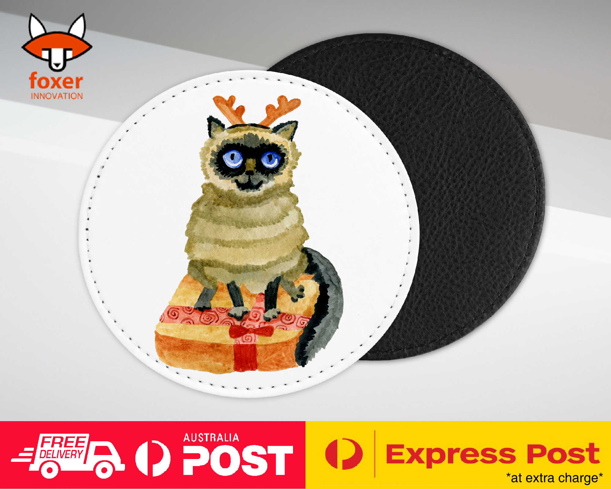 COASTER COFFEE DRINKING MAT|WATERCOLOR XMAS SIAMESE CAT